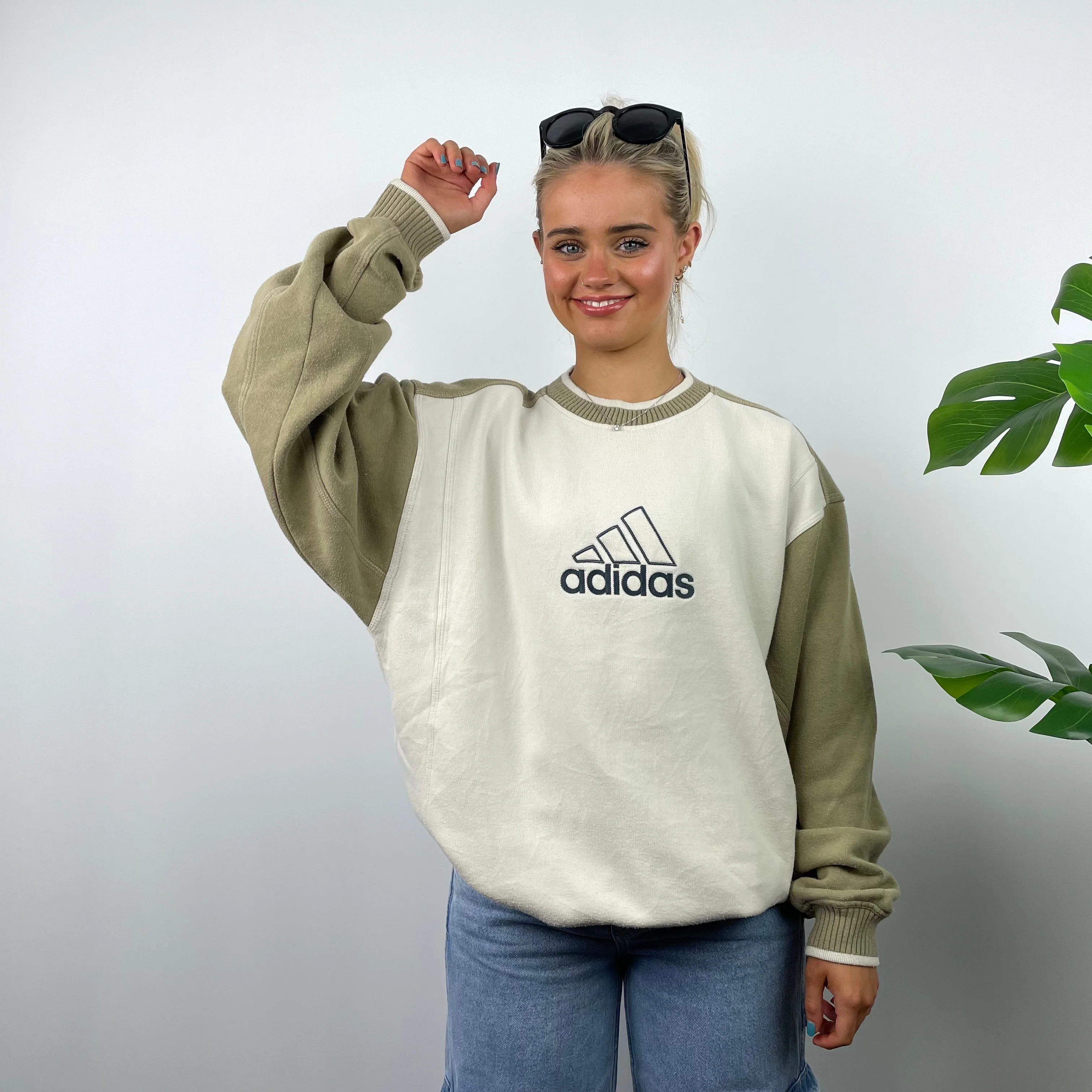 Adidas RARE Cream and Tan Brown Embroidered Spell Out Sweatshirt (M) - Image 3