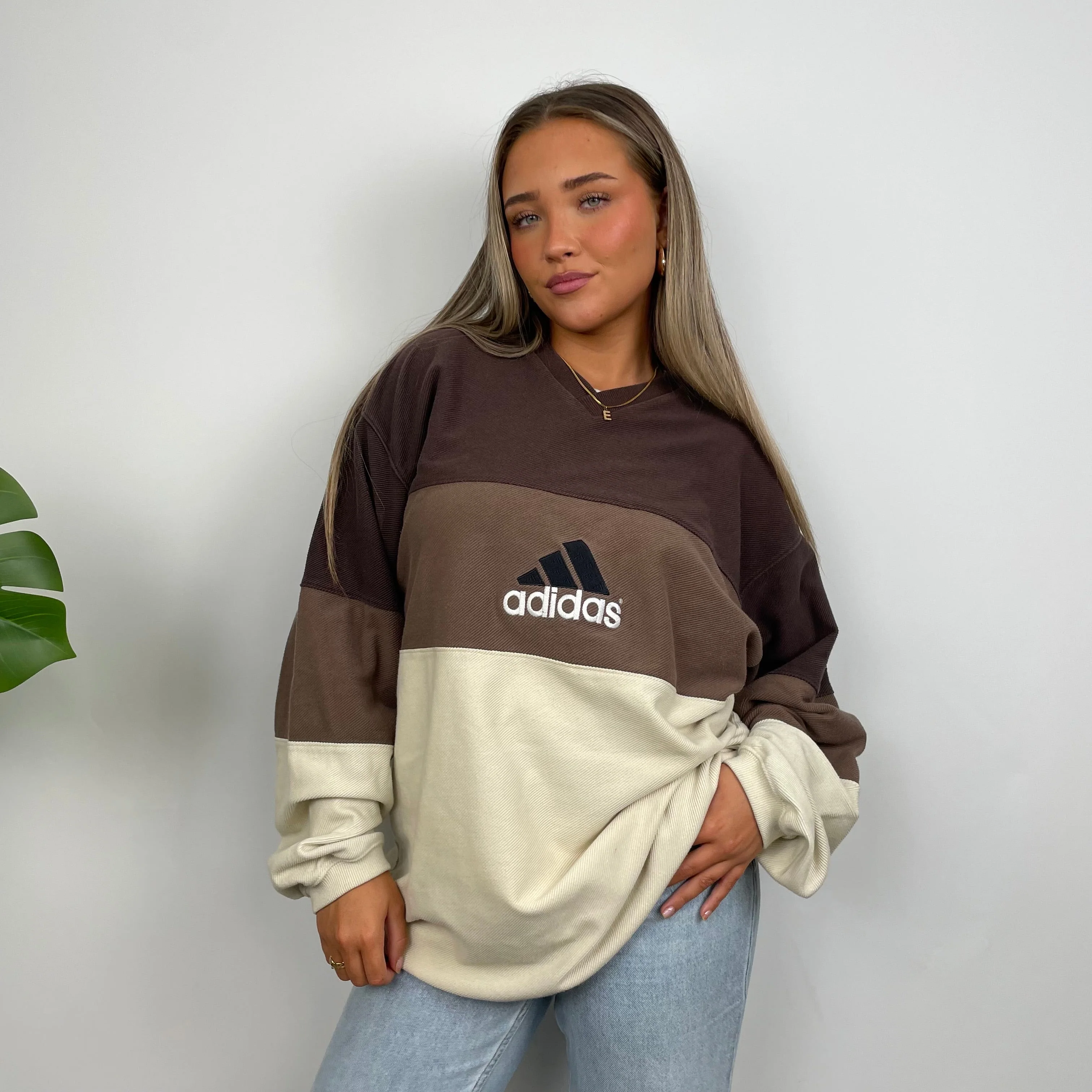 Adidas RARE Cream & Brown Colour Block Embroidered Spell Out Sweatshirt (XL) - Image 3