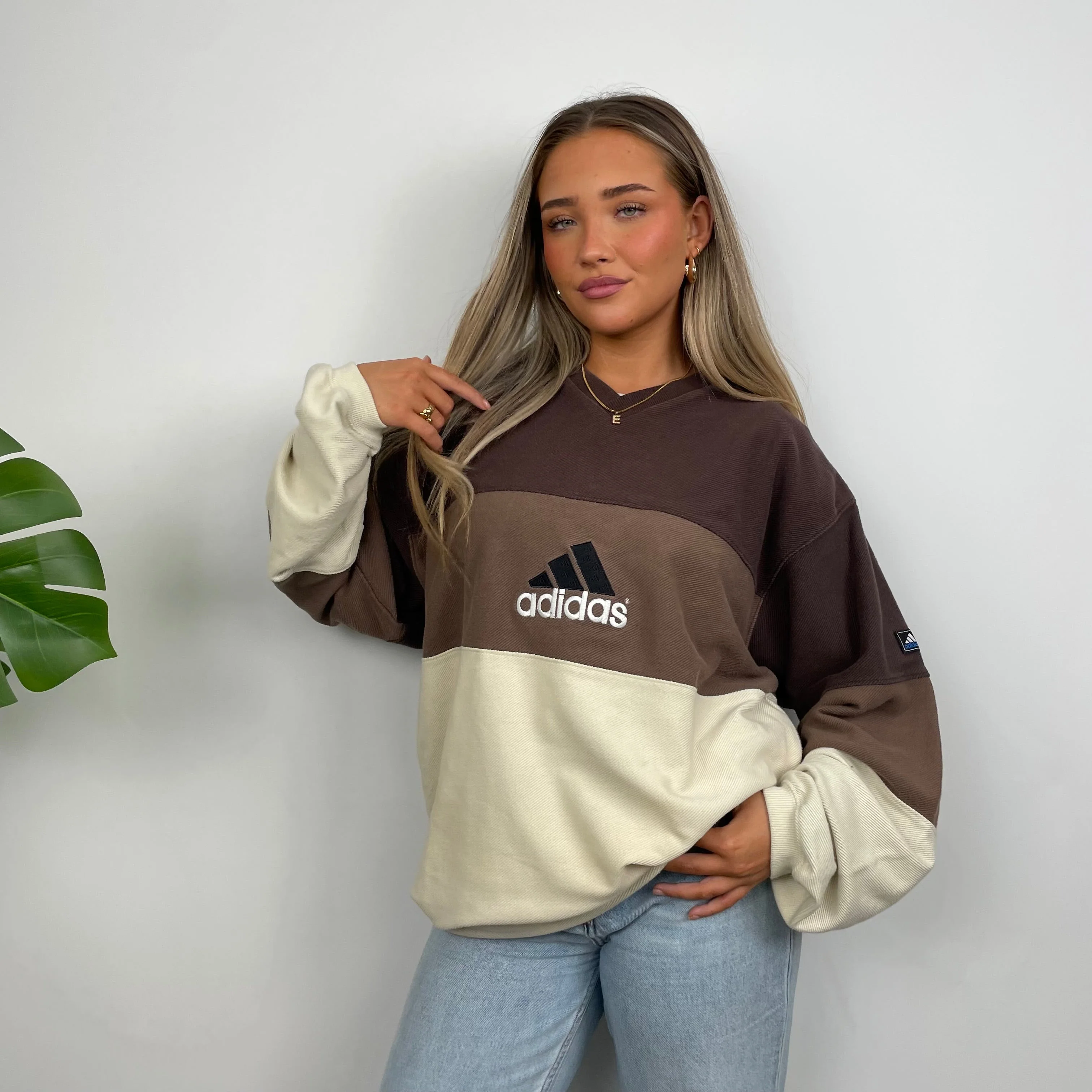 Adidas RARE Cream & Brown Colour Block Embroidered Spell Out Sweatshirt (XL) - Image 4