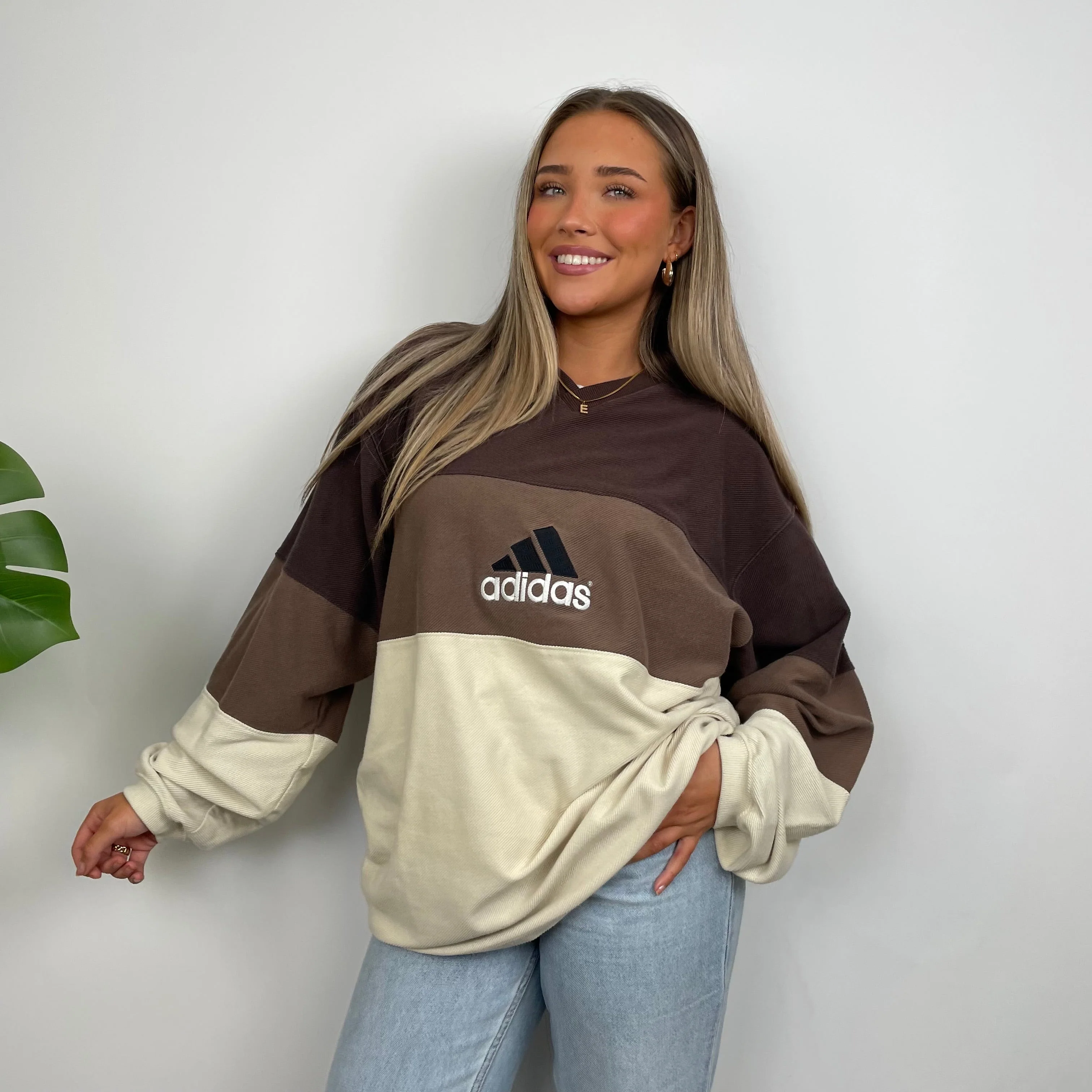 Adidas RARE Cream & Brown Colour Block Embroidered Spell Out Sweatshirt (XL) - Image 5