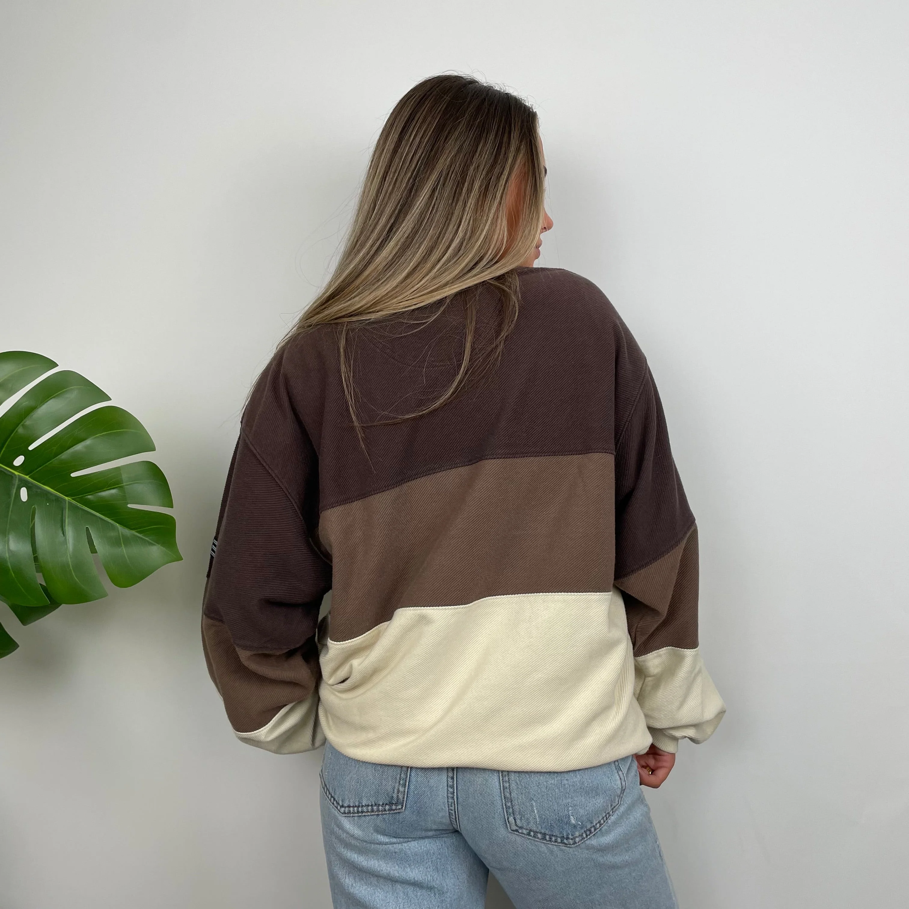 Adidas RARE Cream & Brown Colour Block Embroidered Spell Out Sweatshirt (XL) - Image 6