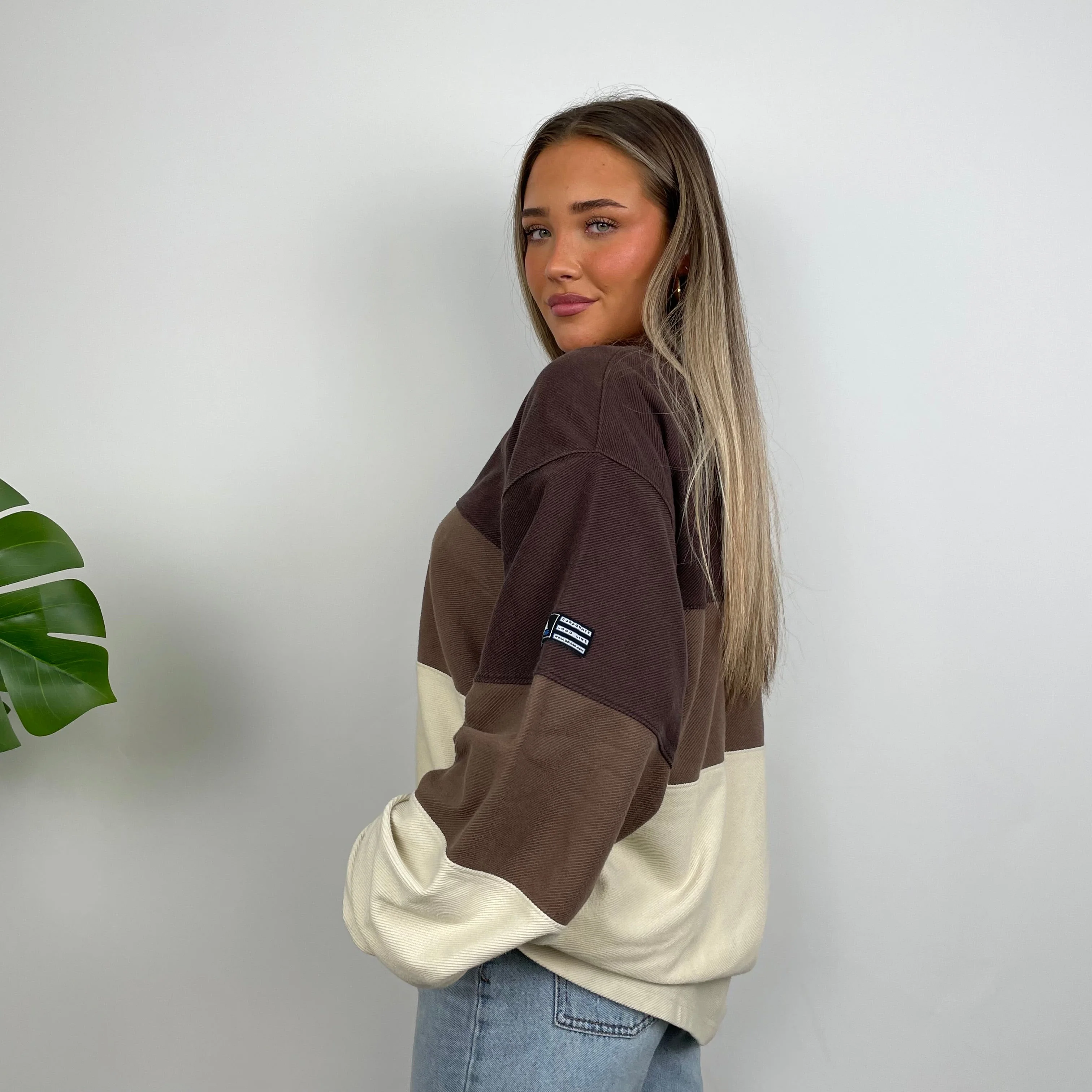 Adidas RARE Cream & Brown Colour Block Embroidered Spell Out Sweatshirt (XL) - Image 7