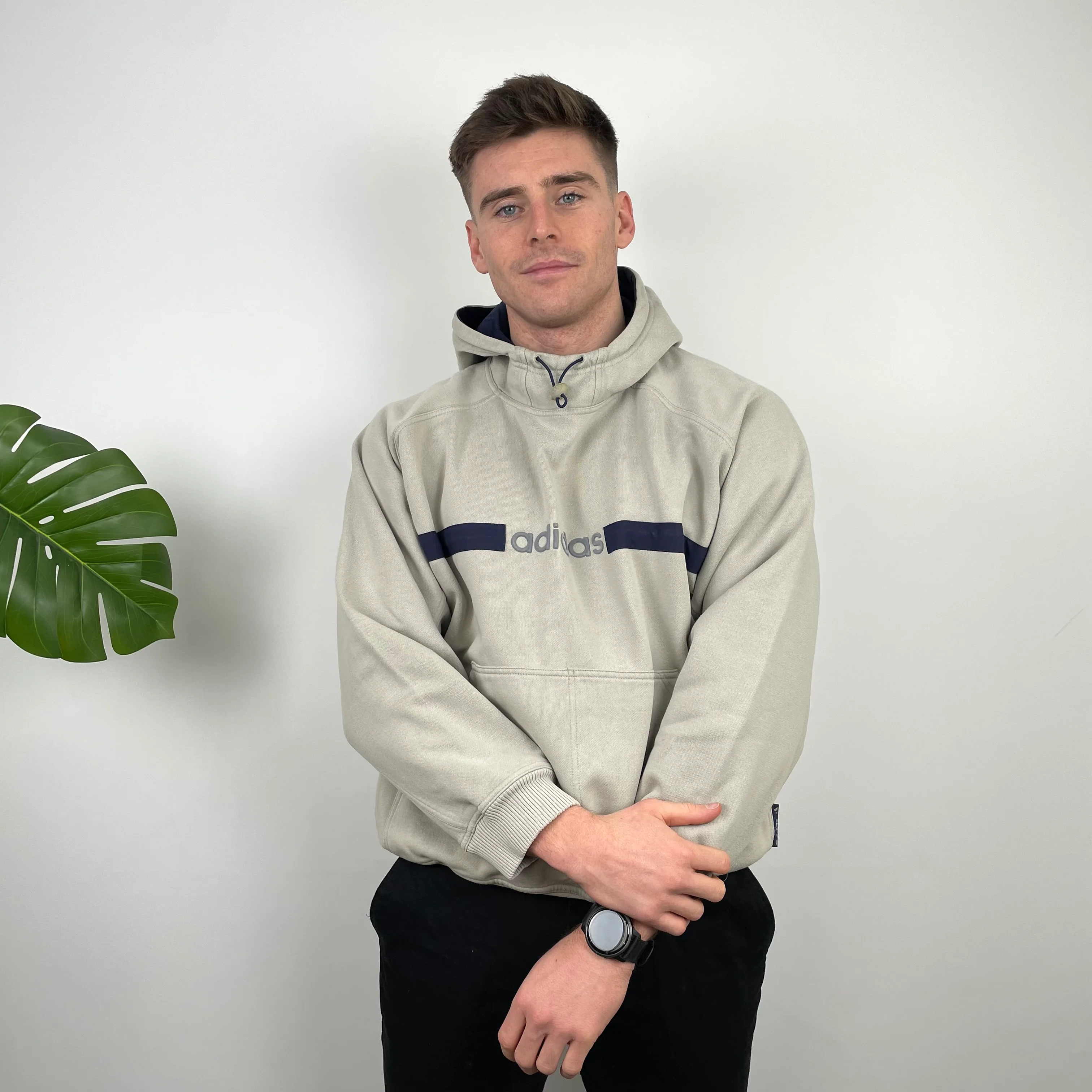 Adidas RARE Cream Embroidered Spell Out Hoodie (M) - Image 3