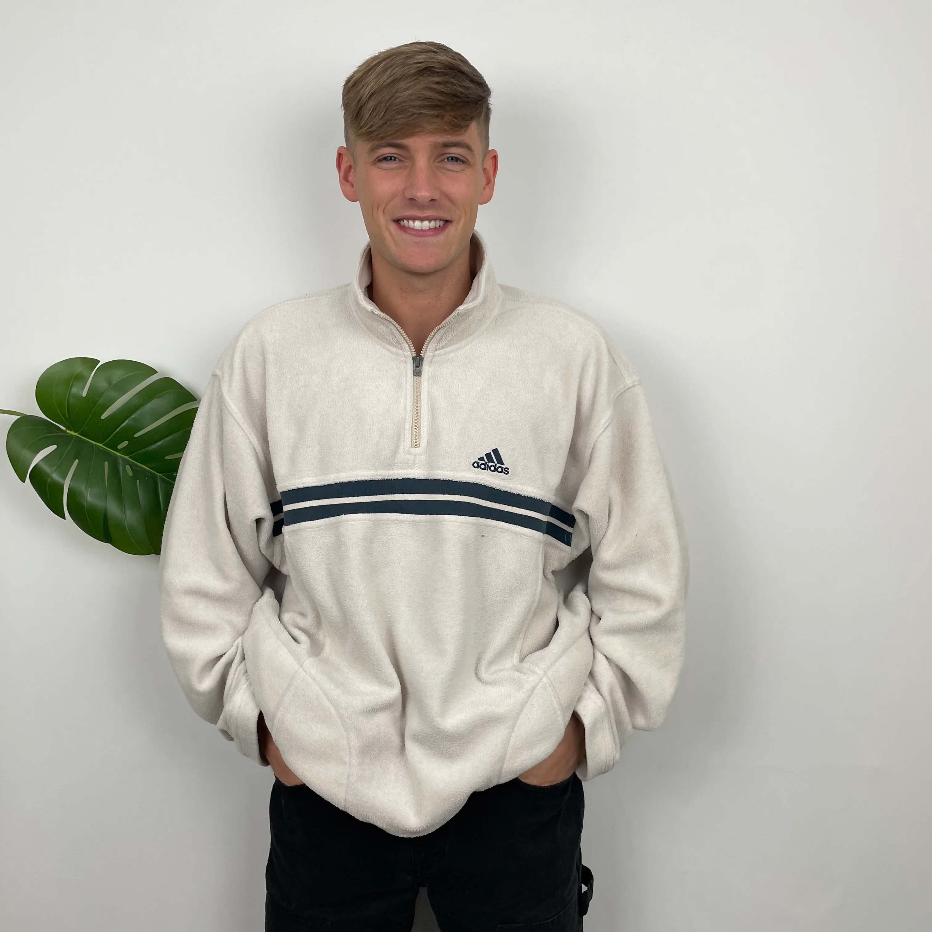 Adidas RARE Cream Embroidered Spell Out Teddy Bear Fleece Quarter Zip Sweatshirt (XXL) - Image 2