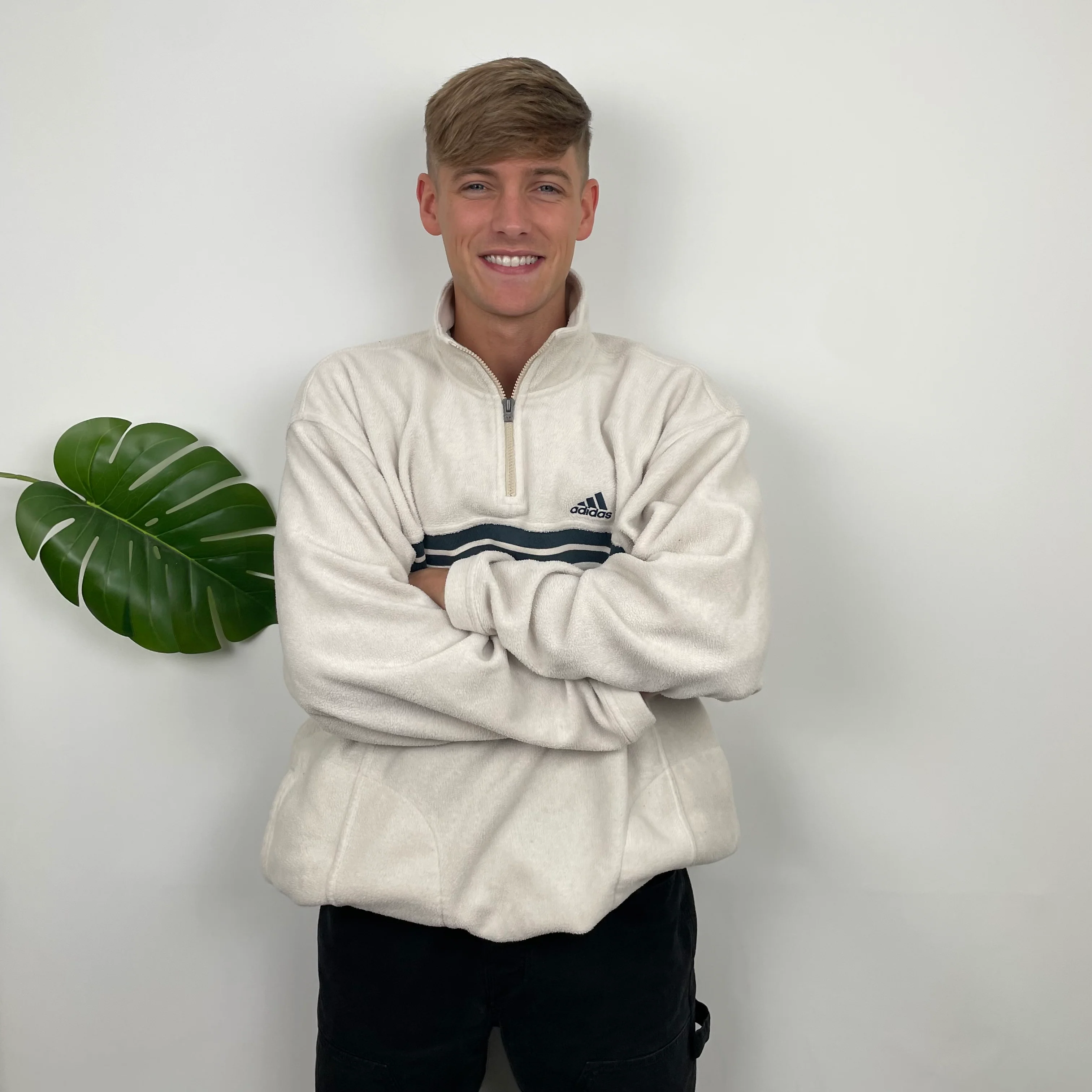 Adidas RARE Cream Embroidered Spell Out Teddy Bear Fleece Quarter Zip Sweatshirt (XXL) - Image 3