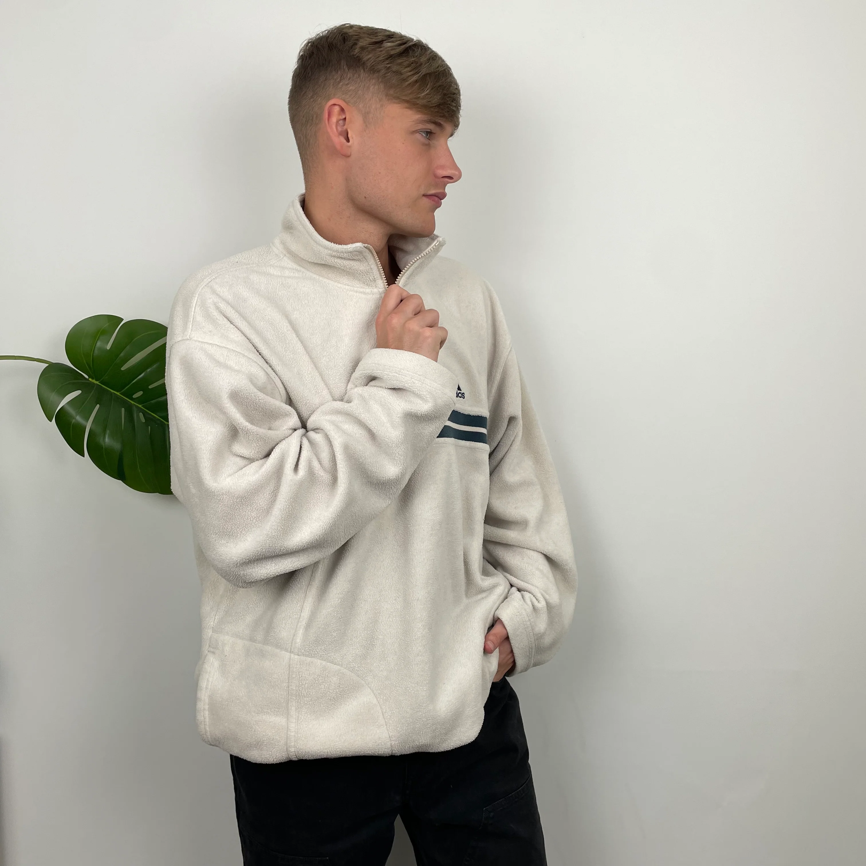 Adidas RARE Cream Embroidered Spell Out Teddy Bear Fleece Quarter Zip Sweatshirt (XXL) - Image 4