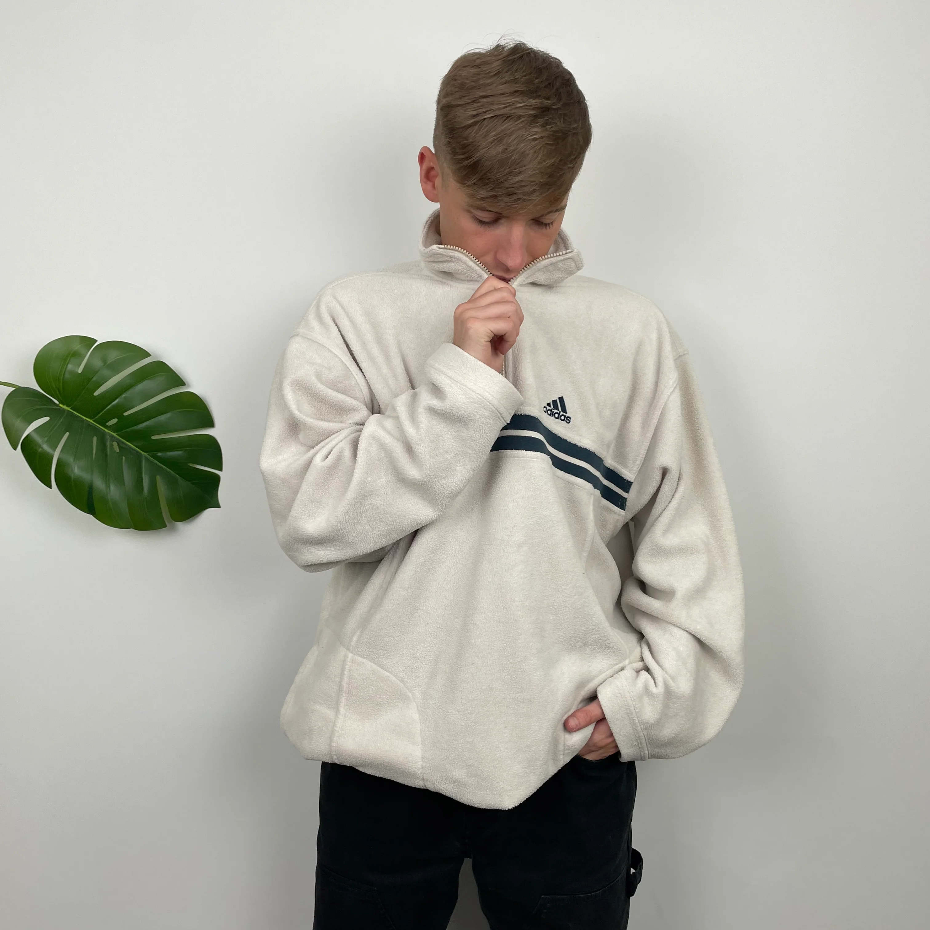 Adidas RARE Cream Embroidered Spell Out Teddy Bear Fleece Quarter Zip Sweatshirt (XXL) - Image 9