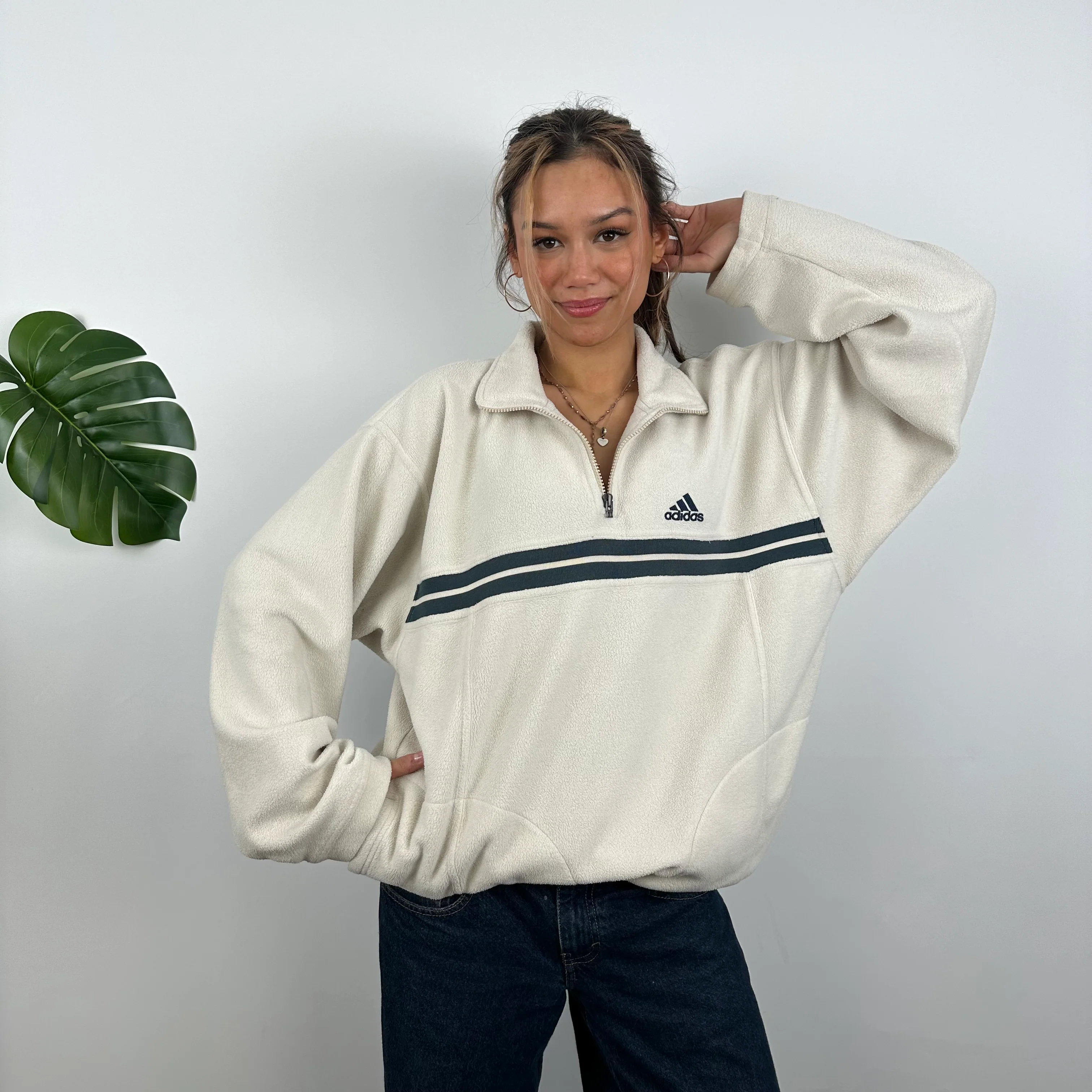 Adidas RARE Cream Embroidered Spell Out Teddy Bear Fleece Quarter Zip Sweatshirt (XXL)