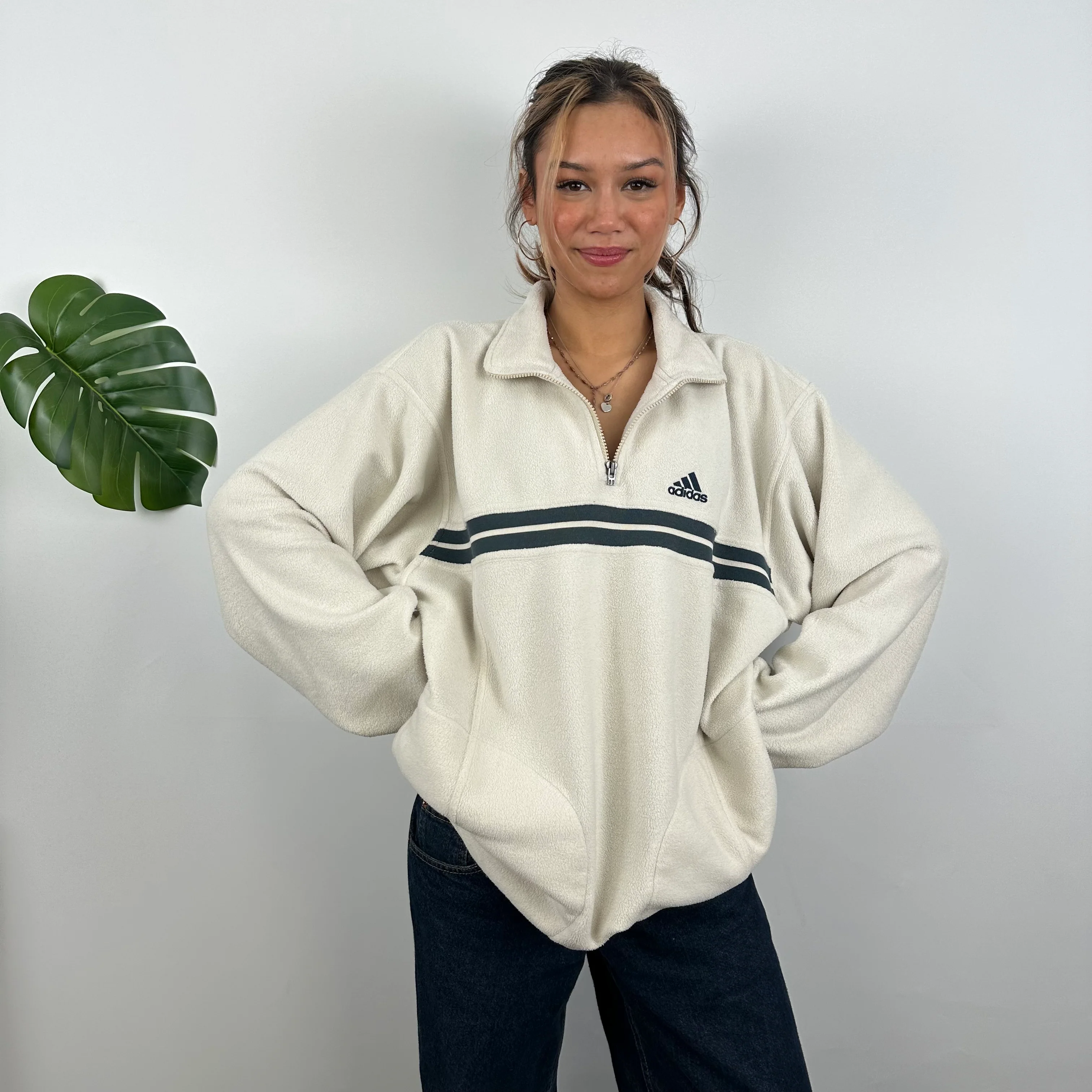 Adidas RARE Cream Embroidered Spell Out Teddy Bear Fleece Quarter Zip Sweatshirt (XXL) - Image 2