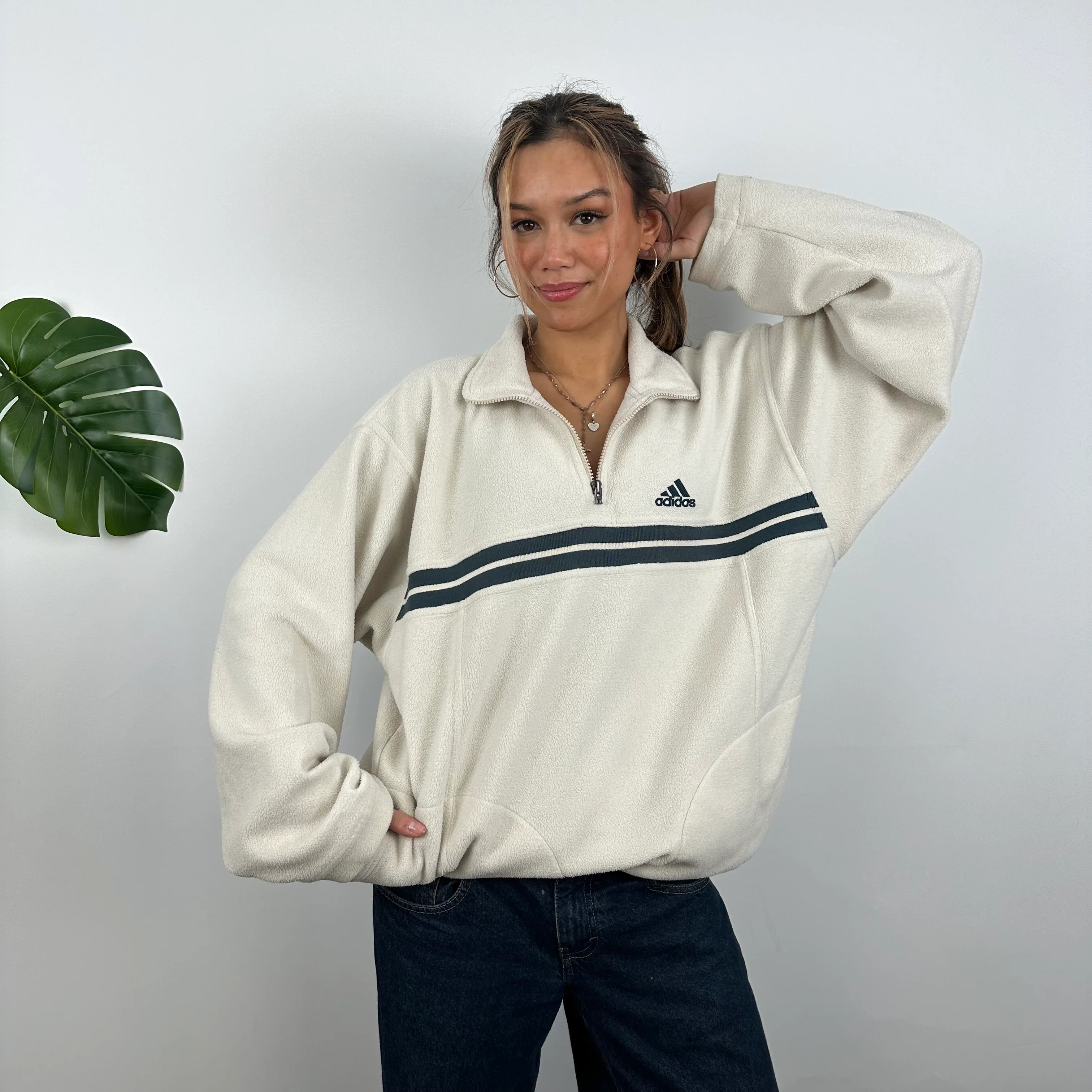Adidas RARE Cream Embroidered Spell Out Teddy Bear Fleece Quarter Zip Sweatshirt (XXL) - Image 3