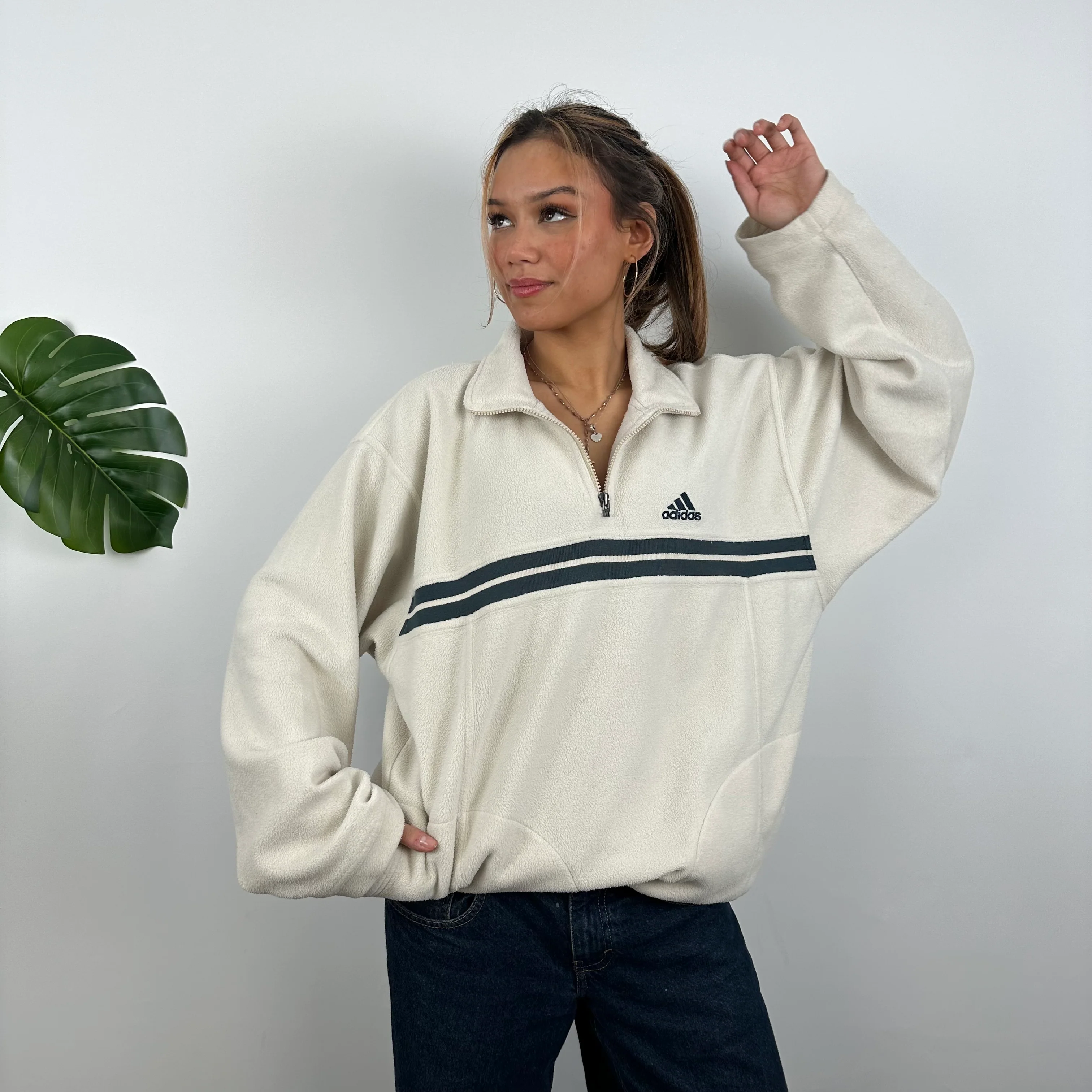 Adidas RARE Cream Embroidered Spell Out Teddy Bear Fleece Quarter Zip Sweatshirt (XXL) - Image 4