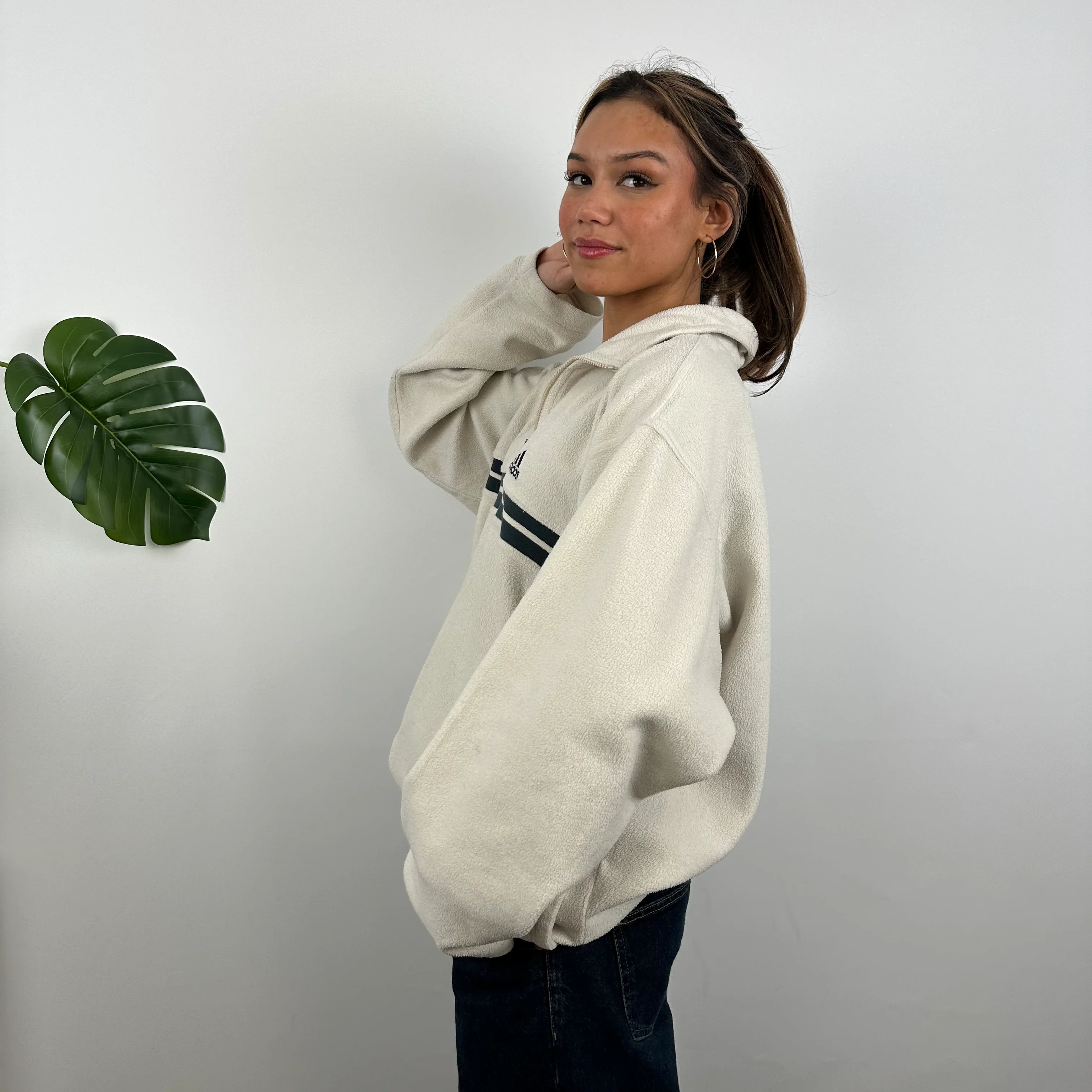 Adidas RARE Cream Embroidered Spell Out Teddy Bear Fleece Quarter Zip Sweatshirt (XXL) - Image 5