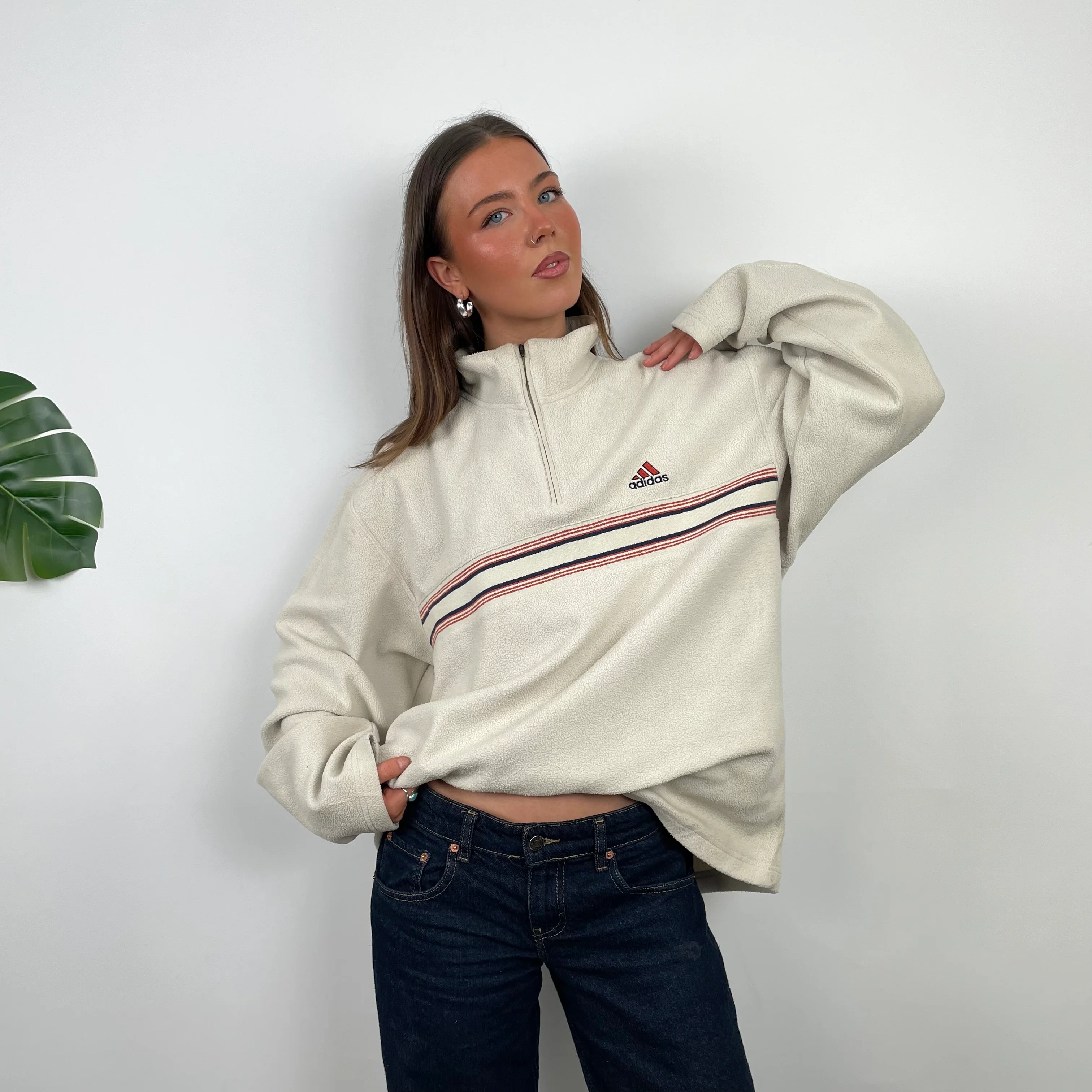 Adidas RARE Cream Embroidered Spell Out Teddy Bear Fleece Quarter Zip Sweatshirt (L) - Image 2