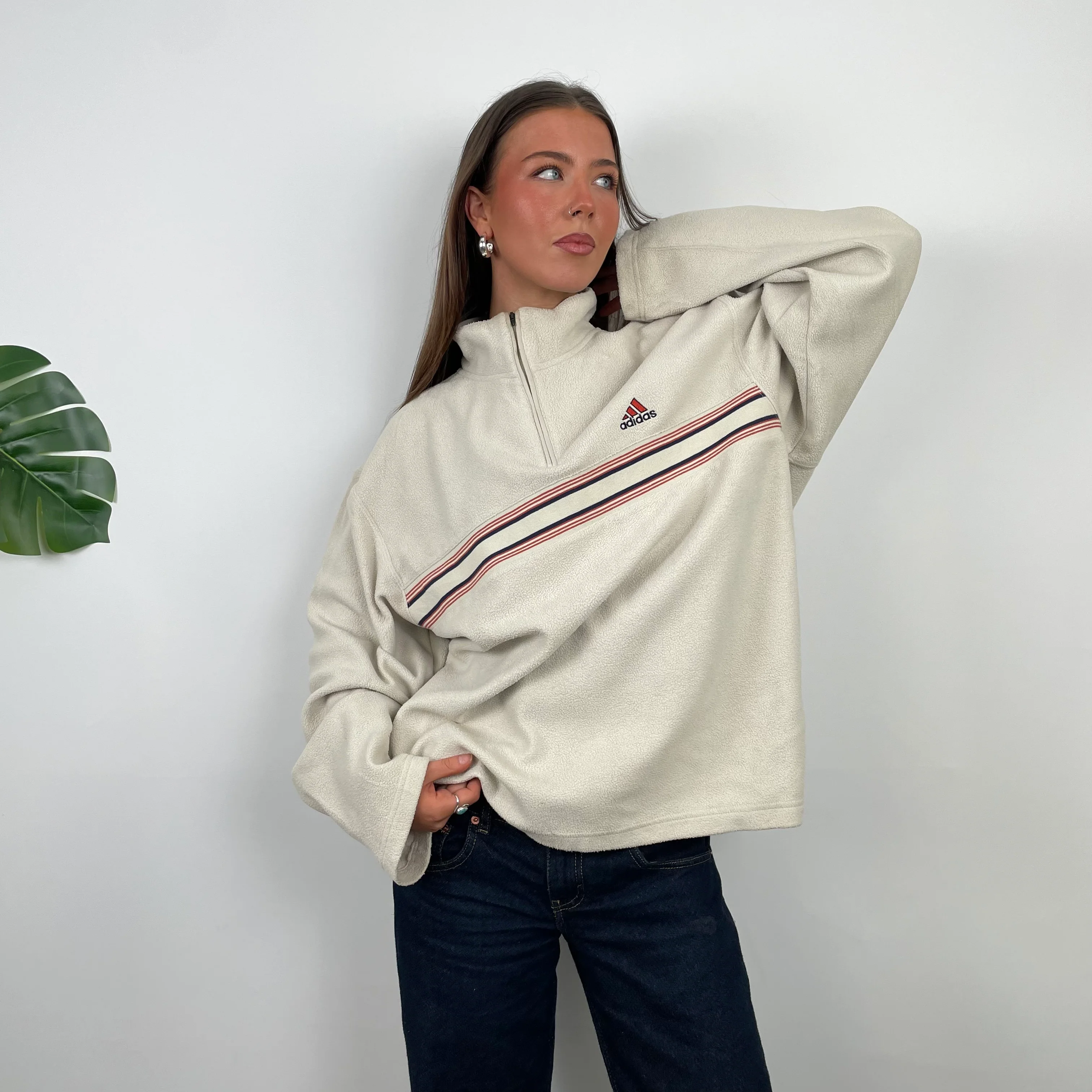 Adidas RARE Cream Embroidered Spell Out Teddy Bear Fleece Quarter Zip Sweatshirt (L) - Image 3