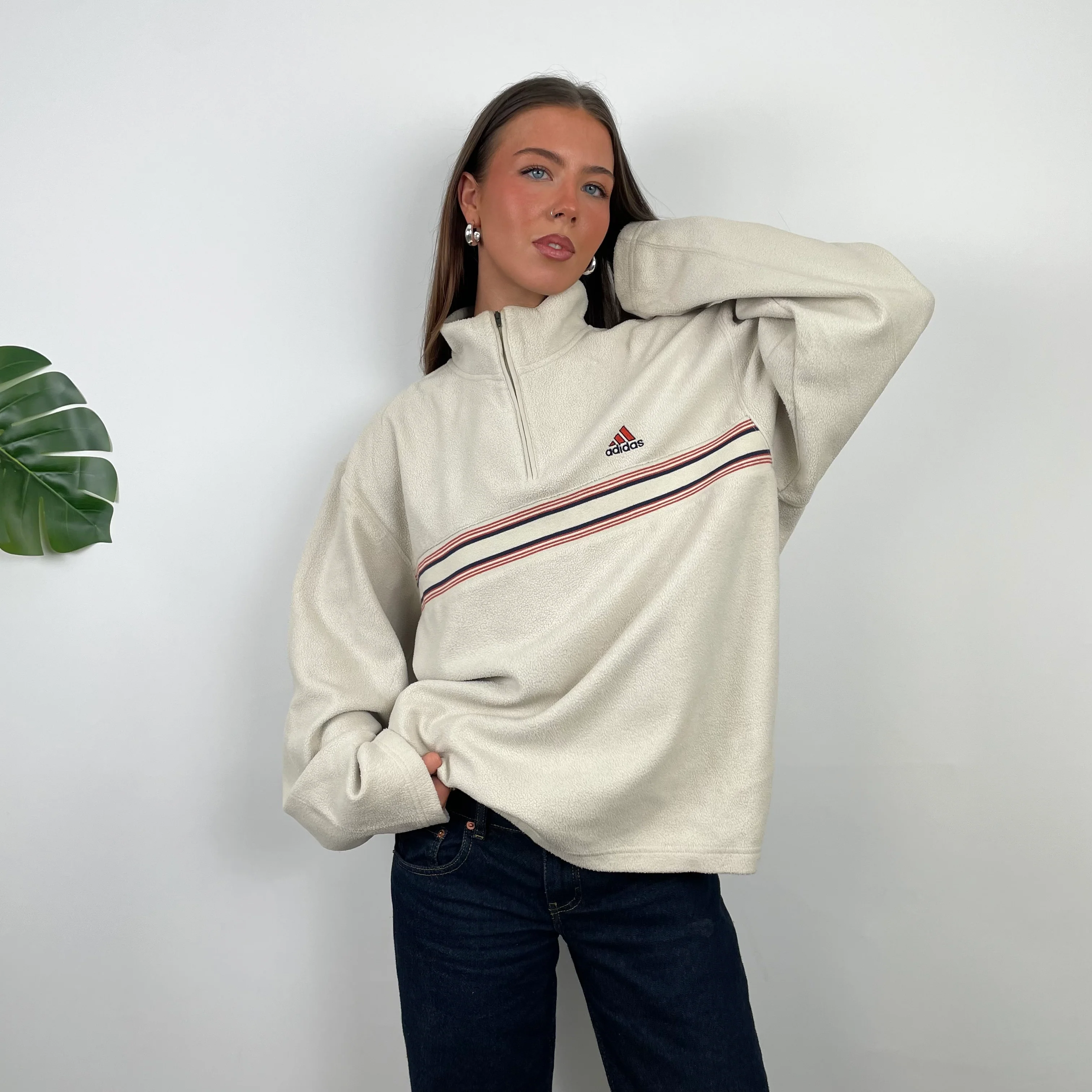 Adidas RARE Cream Embroidered Spell Out Teddy Bear Fleece Quarter Zip Sweatshirt (L) - Image 4