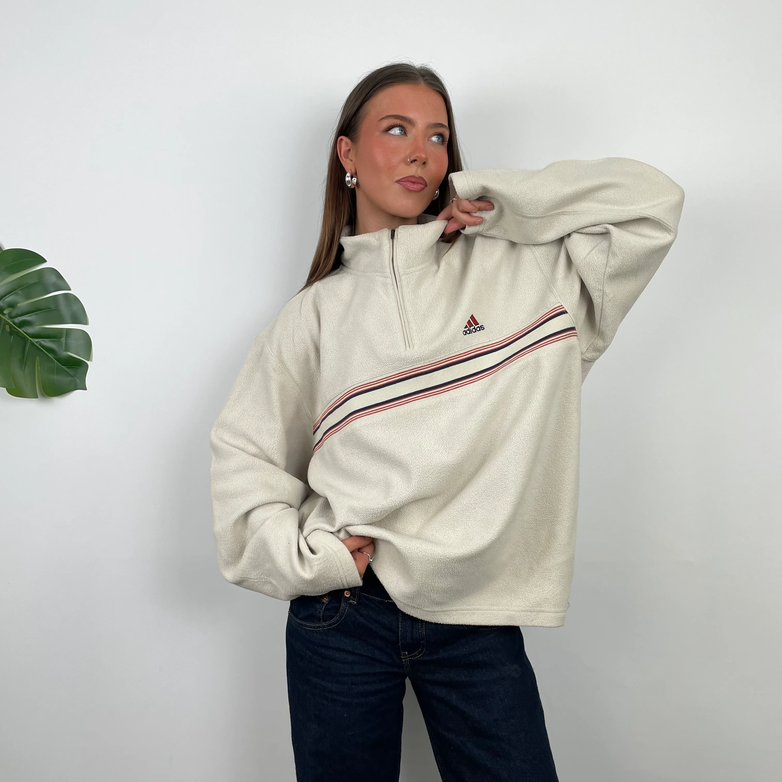 Adidas RARE Cream Embroidered Spell Out Teddy Bear Fleece Quarter Zip Sweatshirt (L) - Image 5