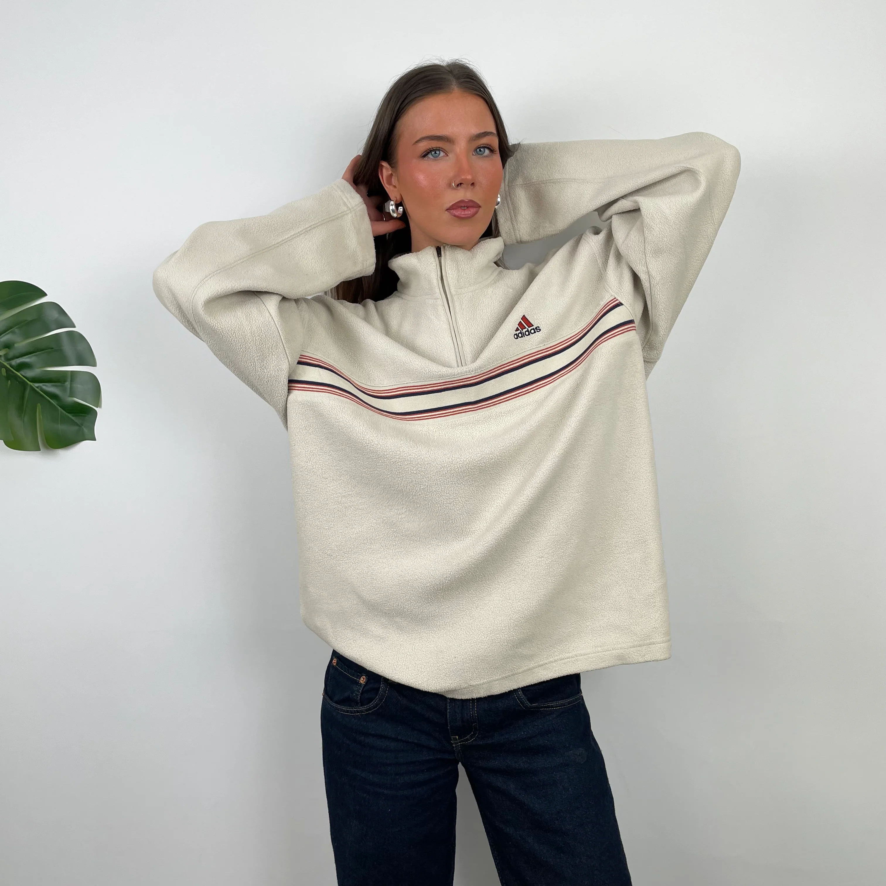 Adidas RARE Cream Embroidered Spell Out Teddy Bear Fleece Quarter Zip Sweatshirt (L) - Image 7