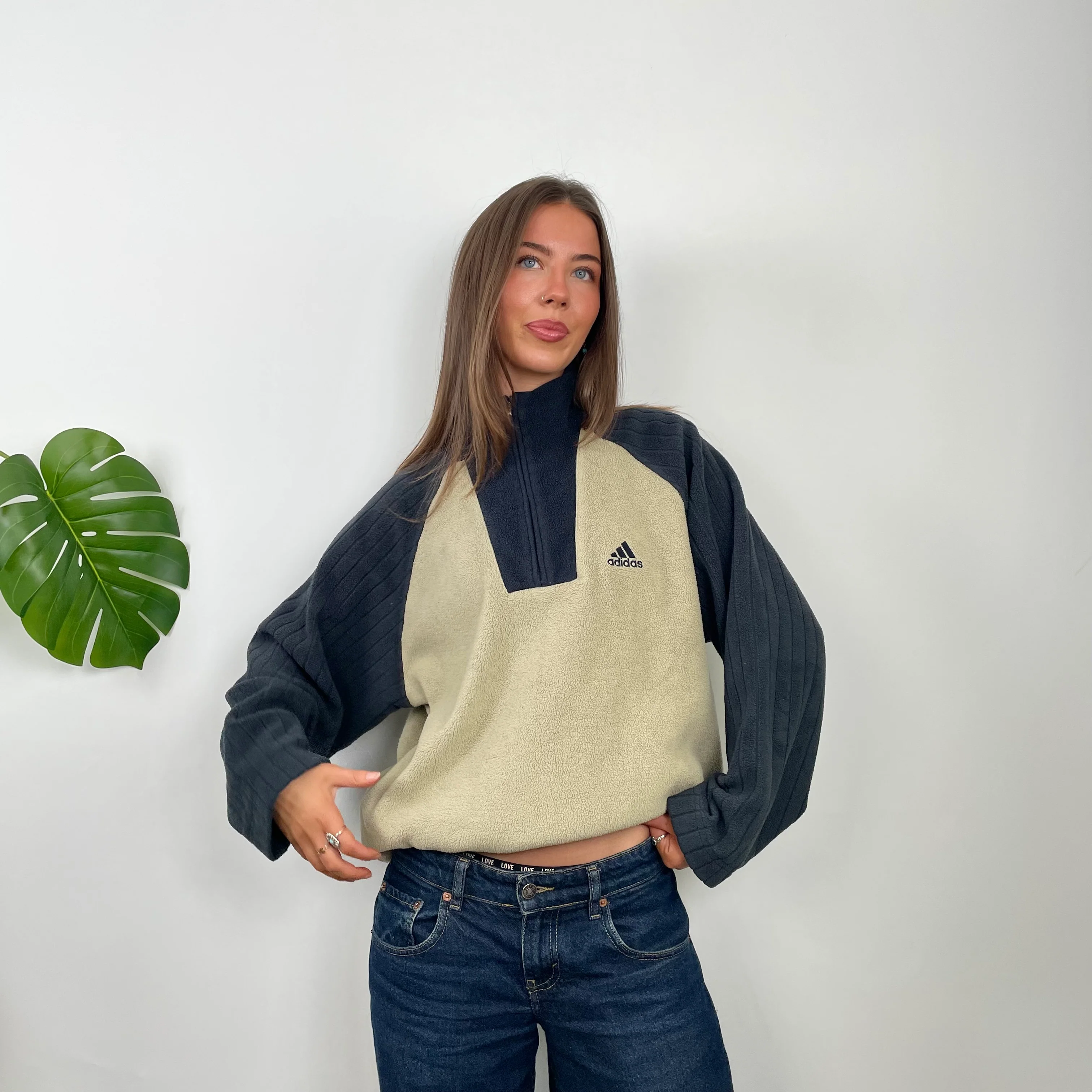 Adidas RARE Cream Embroidered Spell Out Teddy Bear Fleece Quarter Zip Sweatshirt (L)