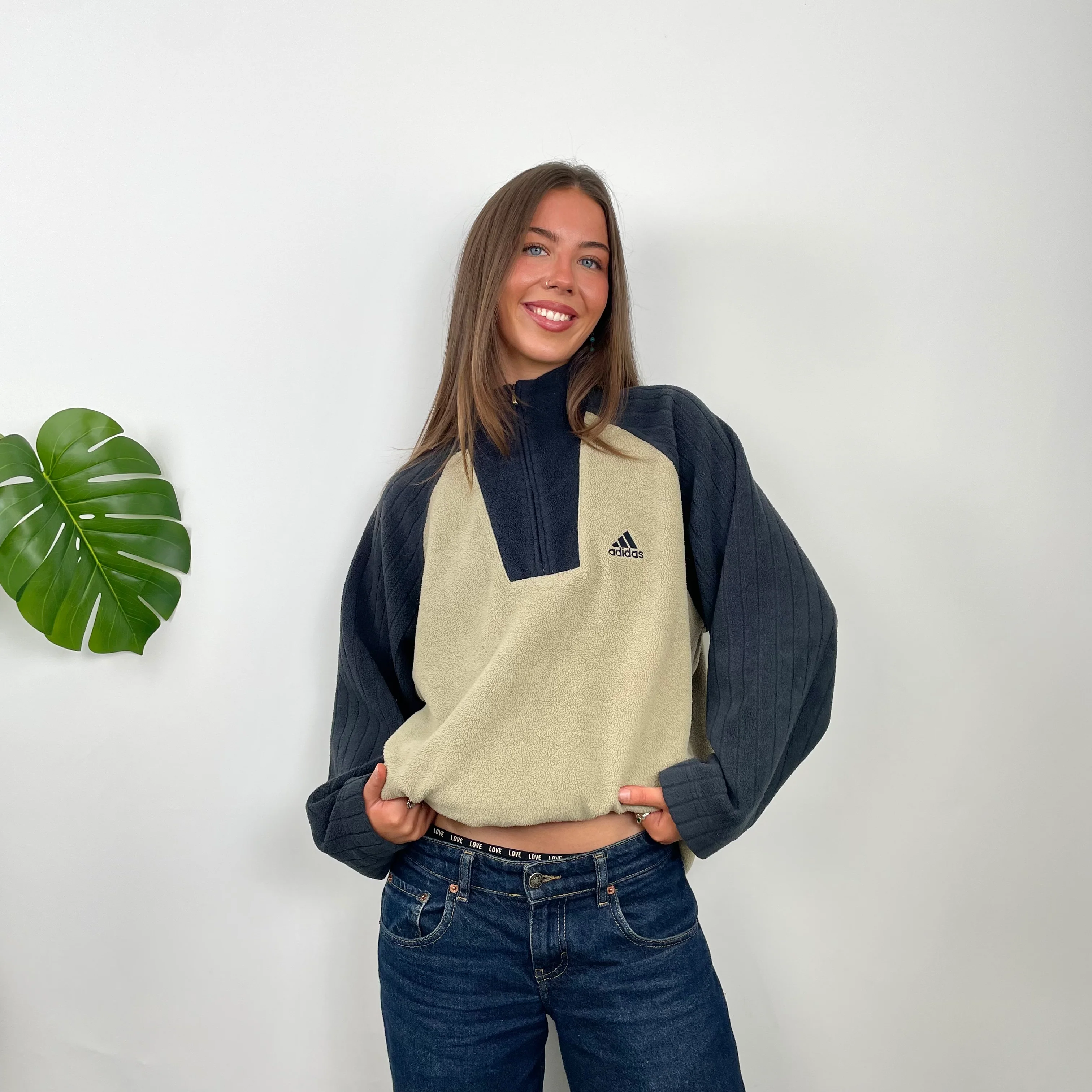 Adidas RARE Cream Embroidered Spell Out Teddy Bear Fleece Quarter Zip Sweatshirt (L) - Image 3