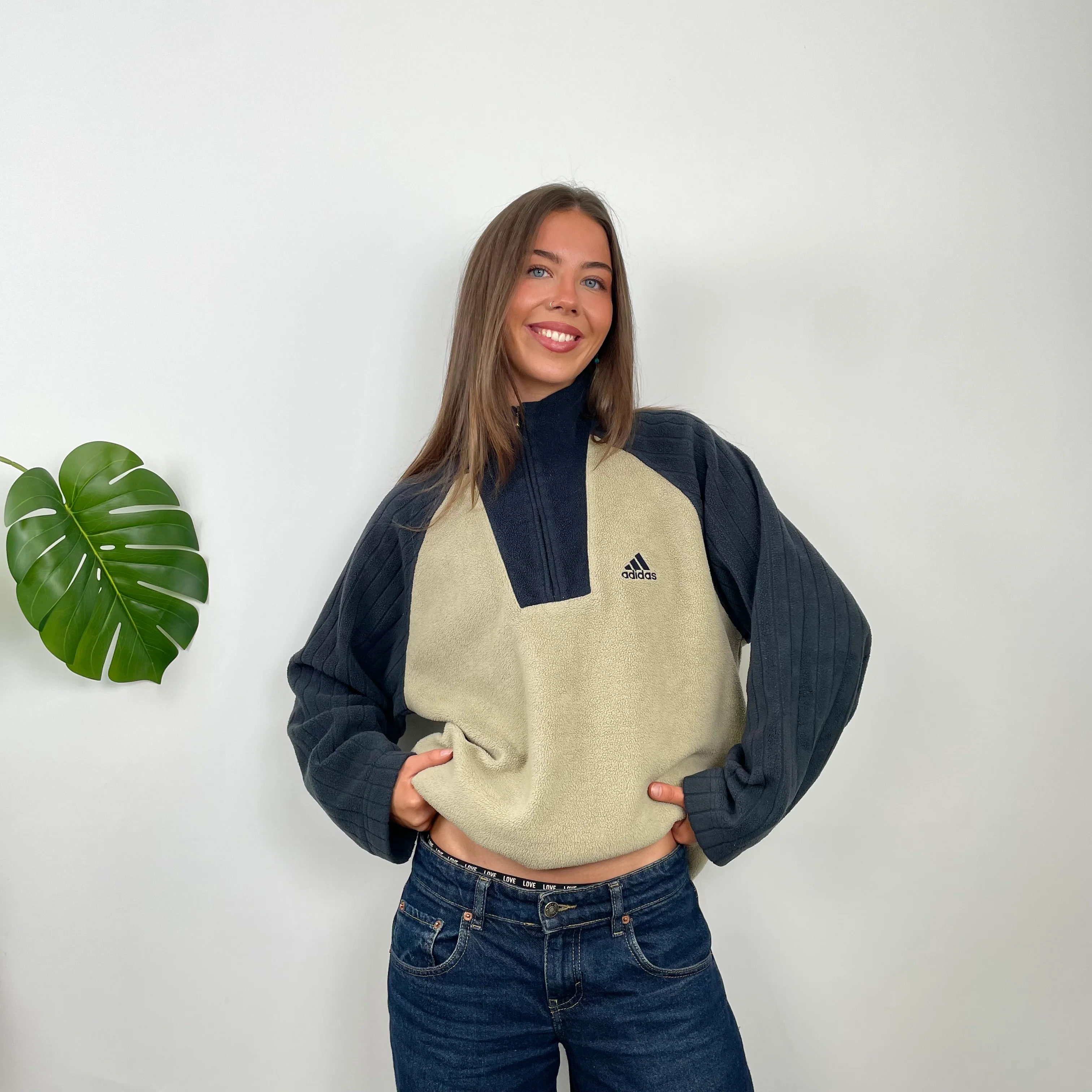 Adidas RARE Cream Embroidered Spell Out Teddy Bear Fleece Quarter Zip Sweatshirt (L) - Image 4