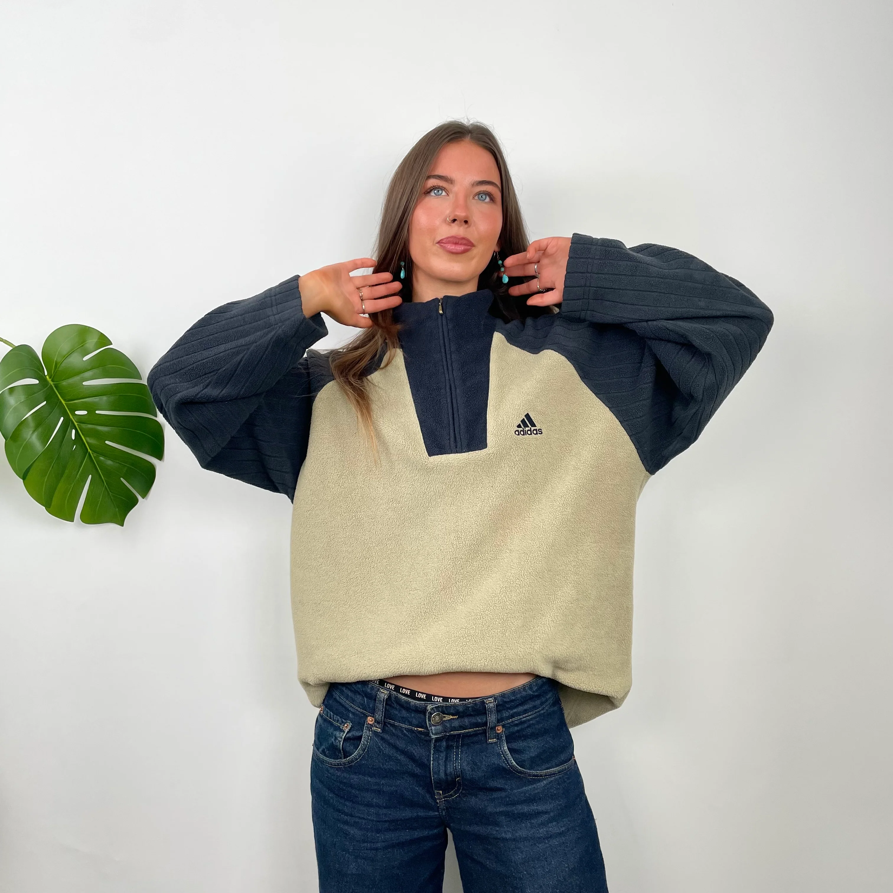 Adidas RARE Cream Embroidered Spell Out Teddy Bear Fleece Quarter Zip Sweatshirt (L) - Image 7