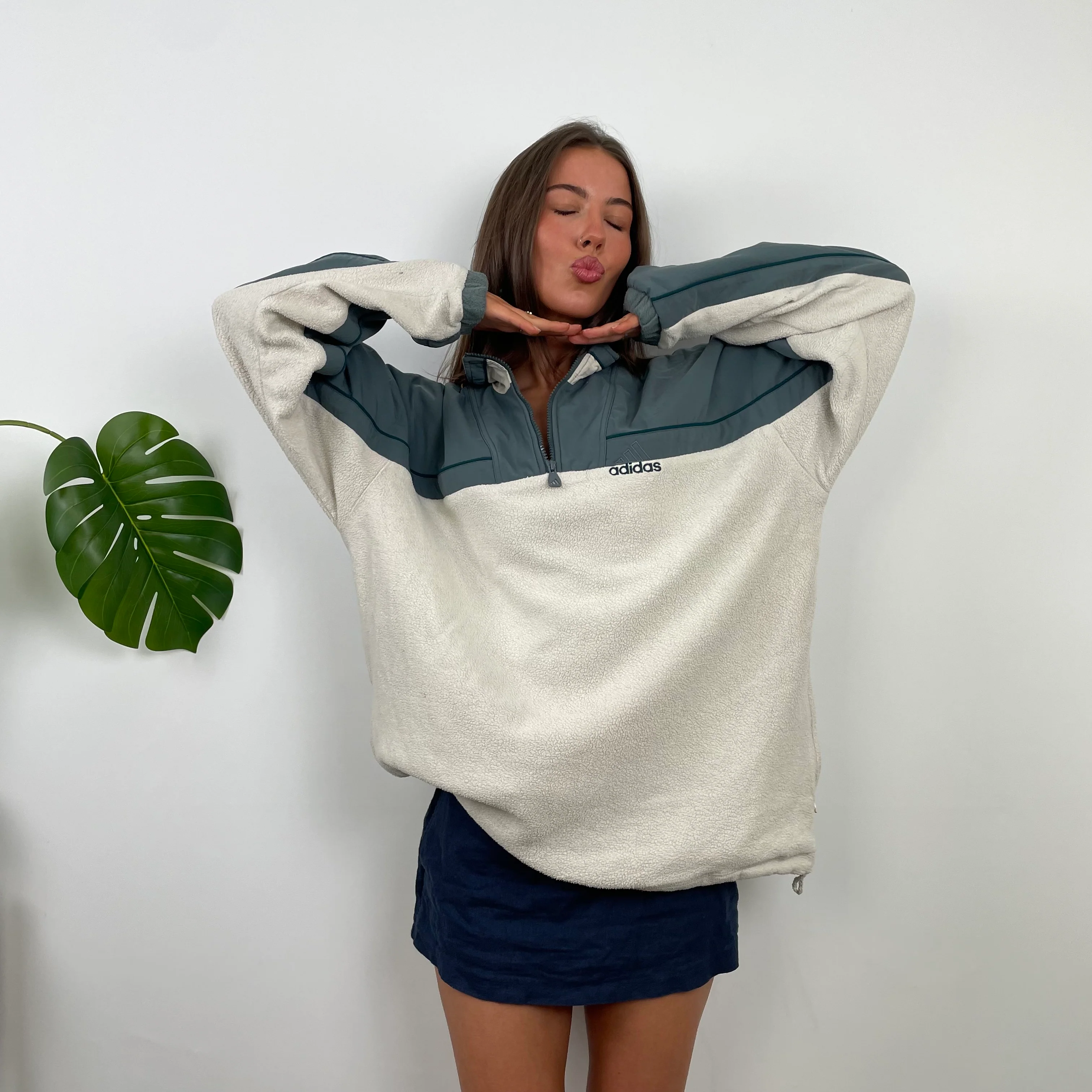 Adidas RARE Cream Embroidered Spell Out Teddy Bear Fleece Quarter Zip Sweatshirt (XL) - Image 3