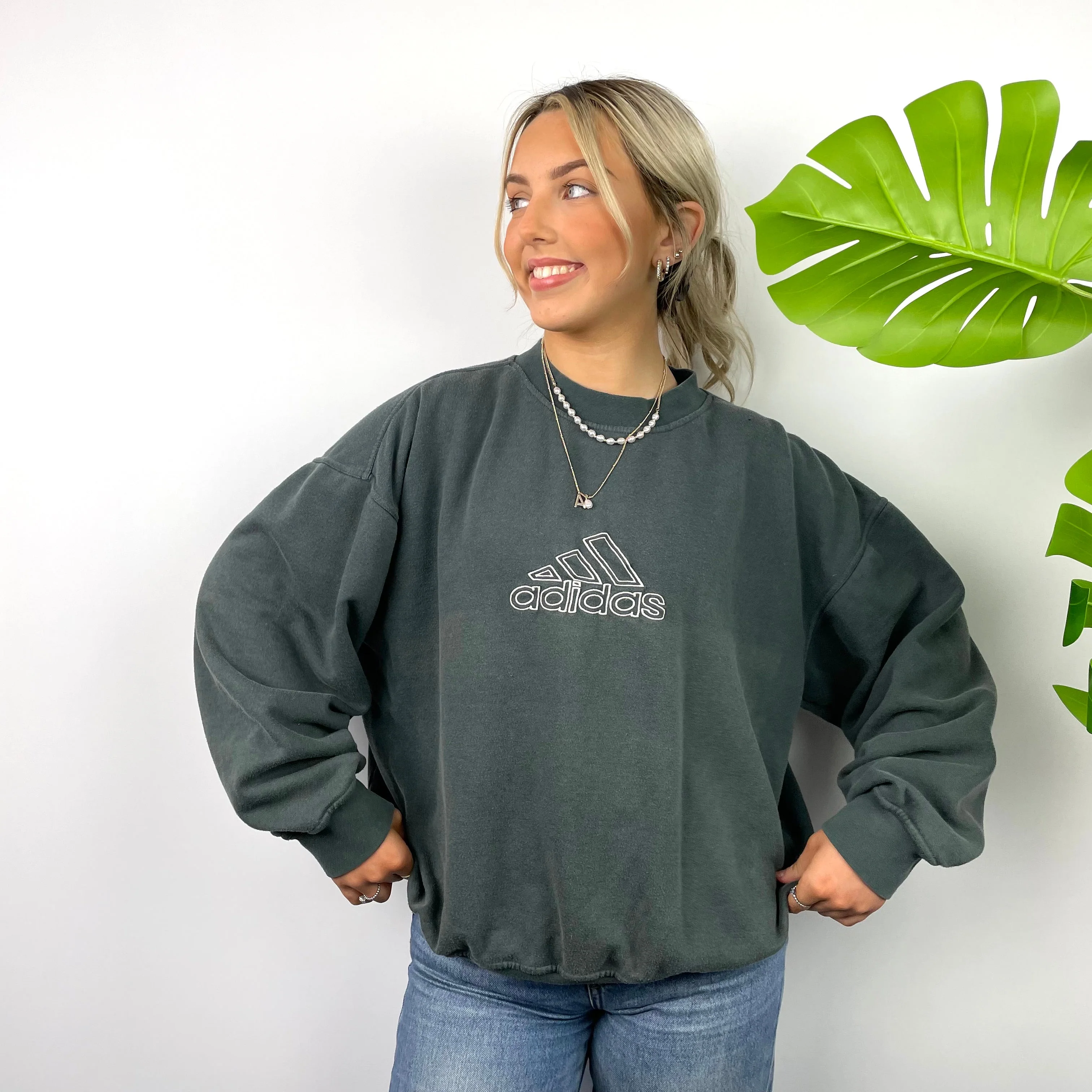 Adidas RARE Moss Green Embroidered Spell Out Sweatshirt (M) - Image 2