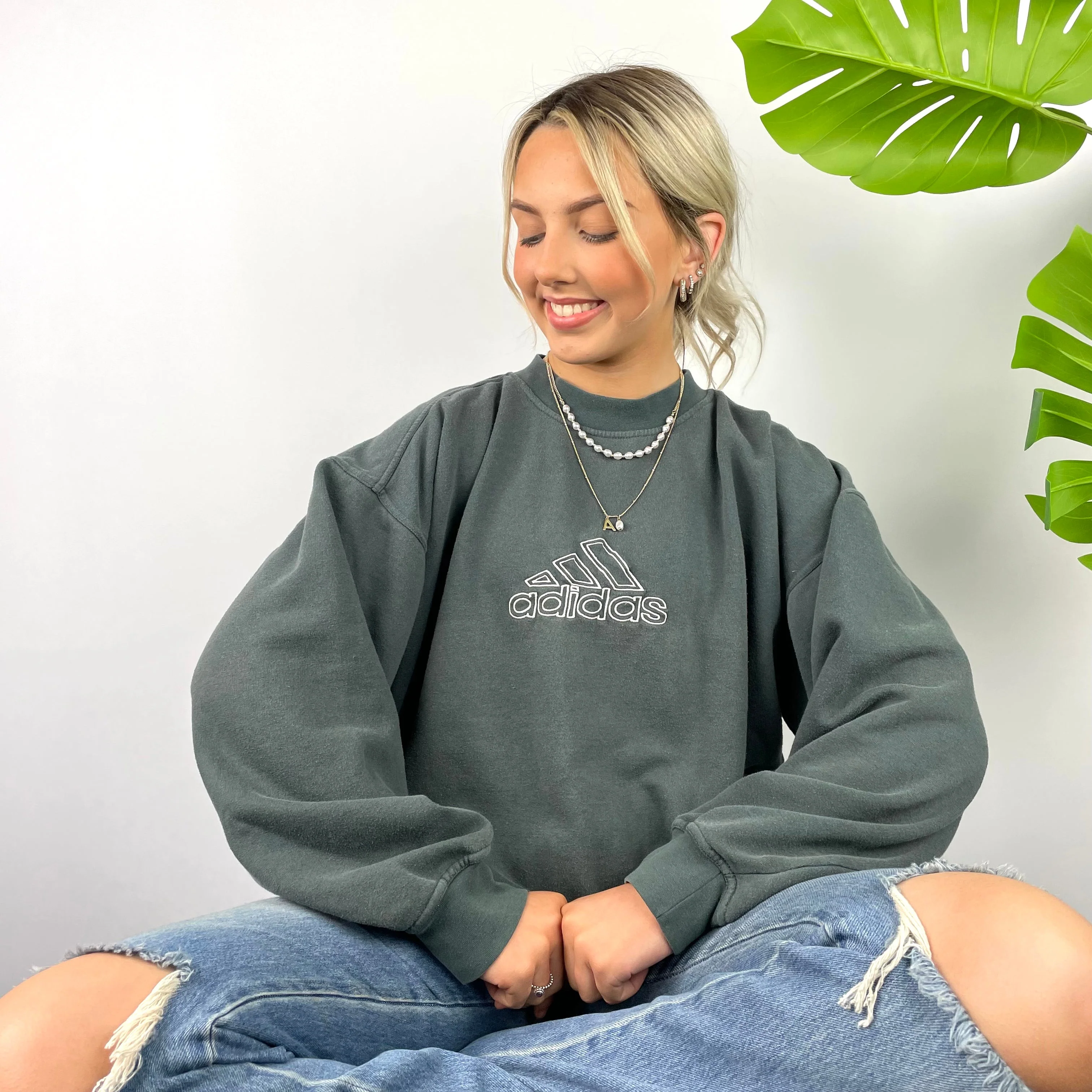 Adidas RARE Moss Green Embroidered Spell Out Sweatshirt (M) - Image 3