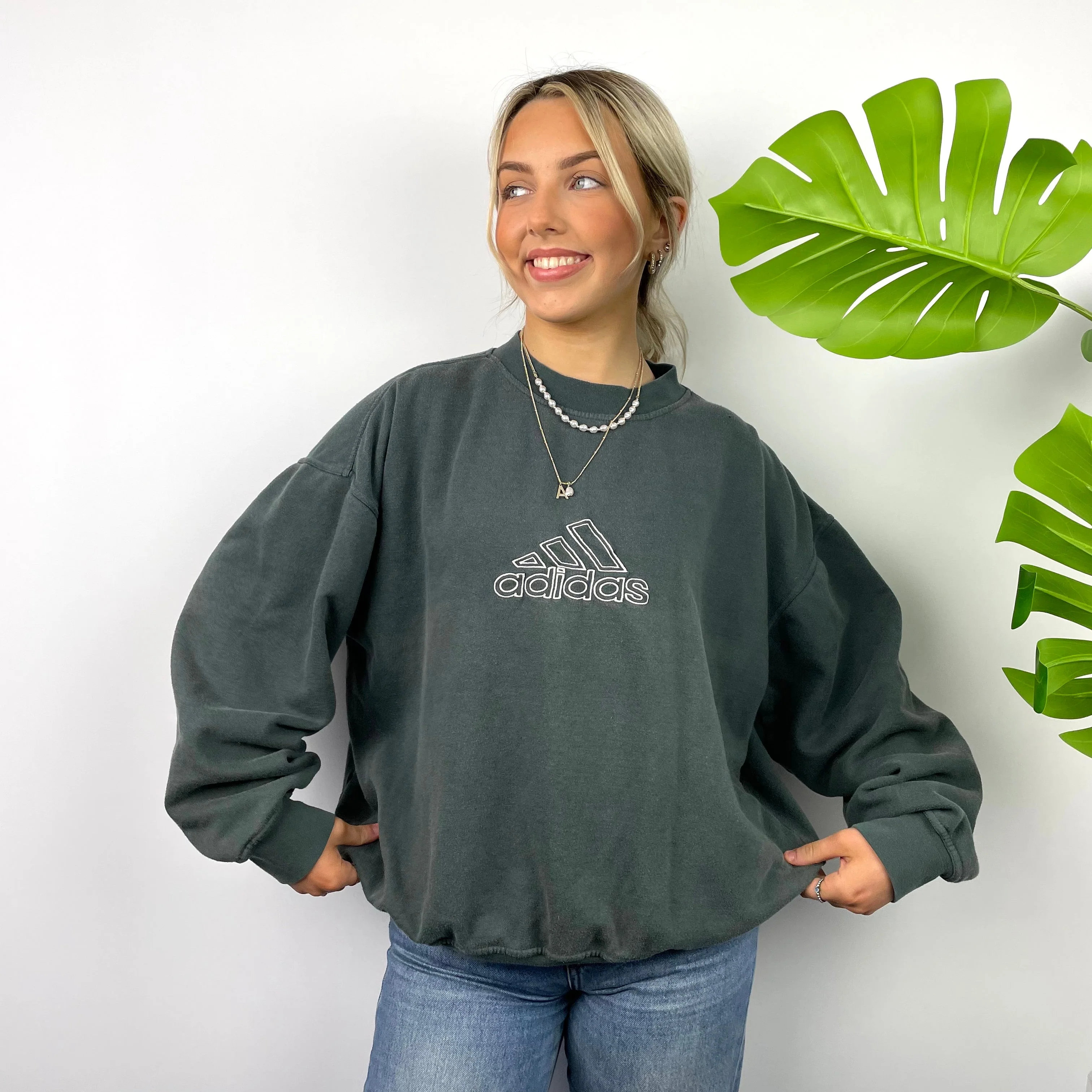 Adidas RARE Moss Green Embroidered Spell Out Sweatshirt (M) - Image 4