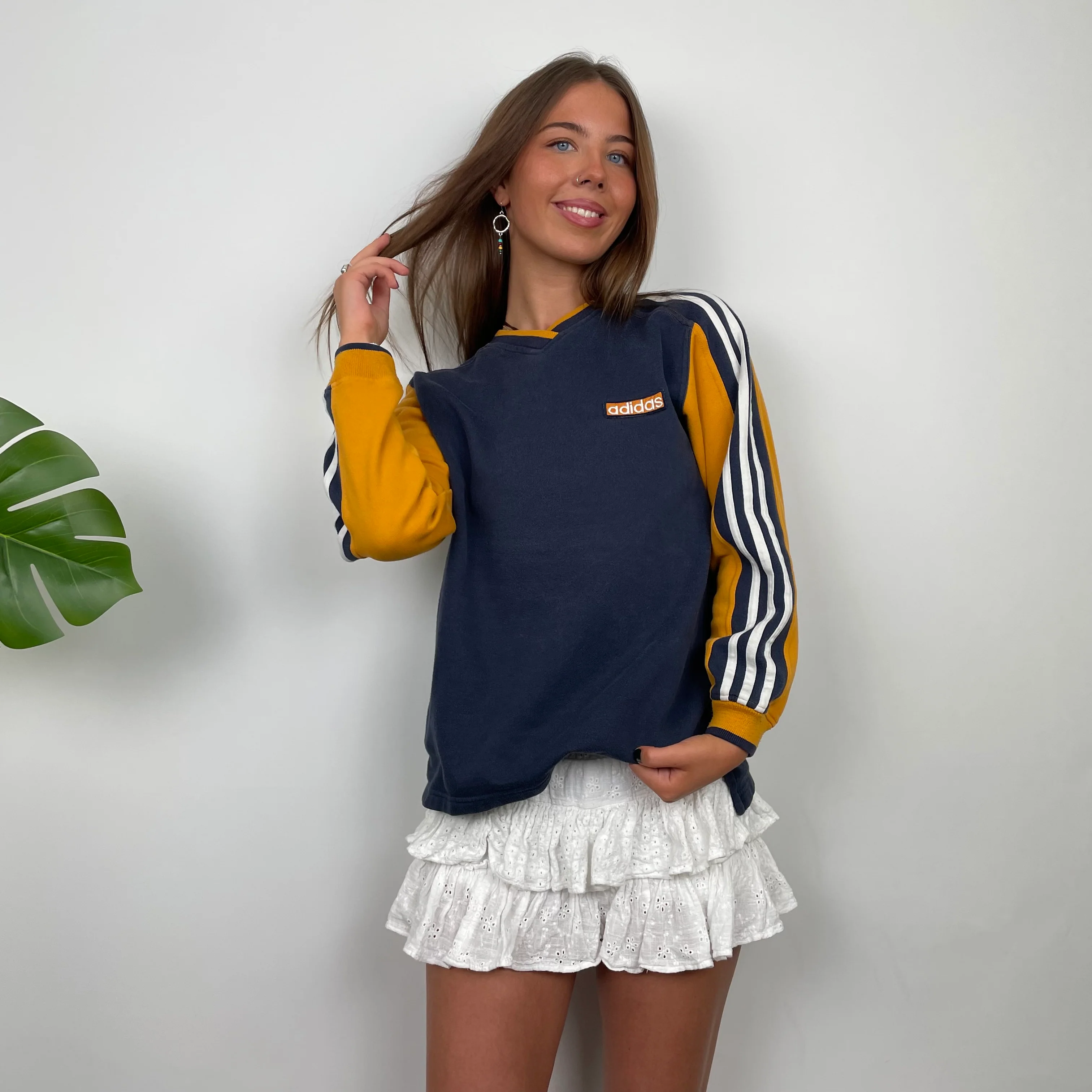 Adidas RARE Navy and Yellow Embroidered Spell Out Sweatshirt (S) - Image 5