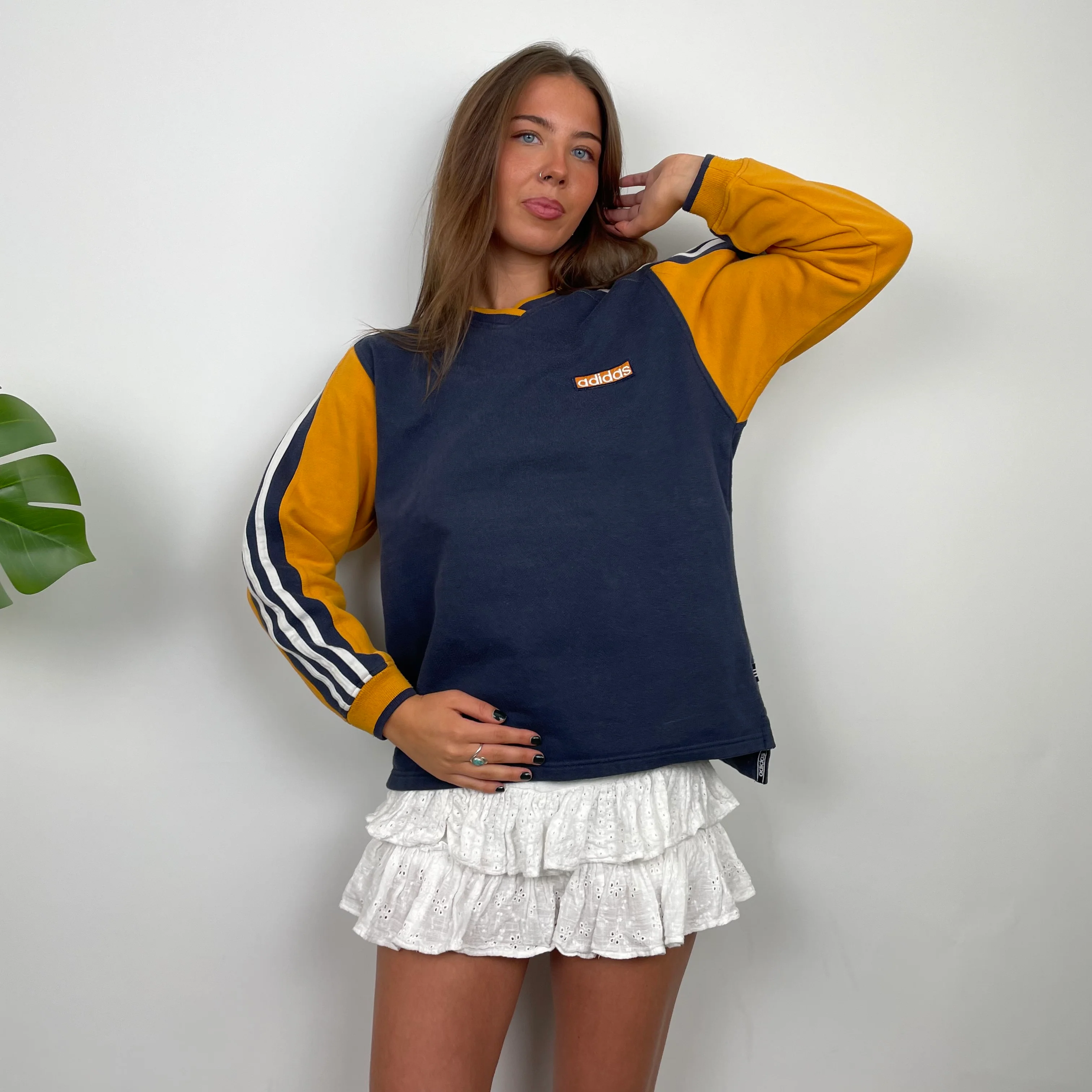 Adidas RARE Navy and Yellow Embroidered Spell Out Sweatshirt (S) - Image 6