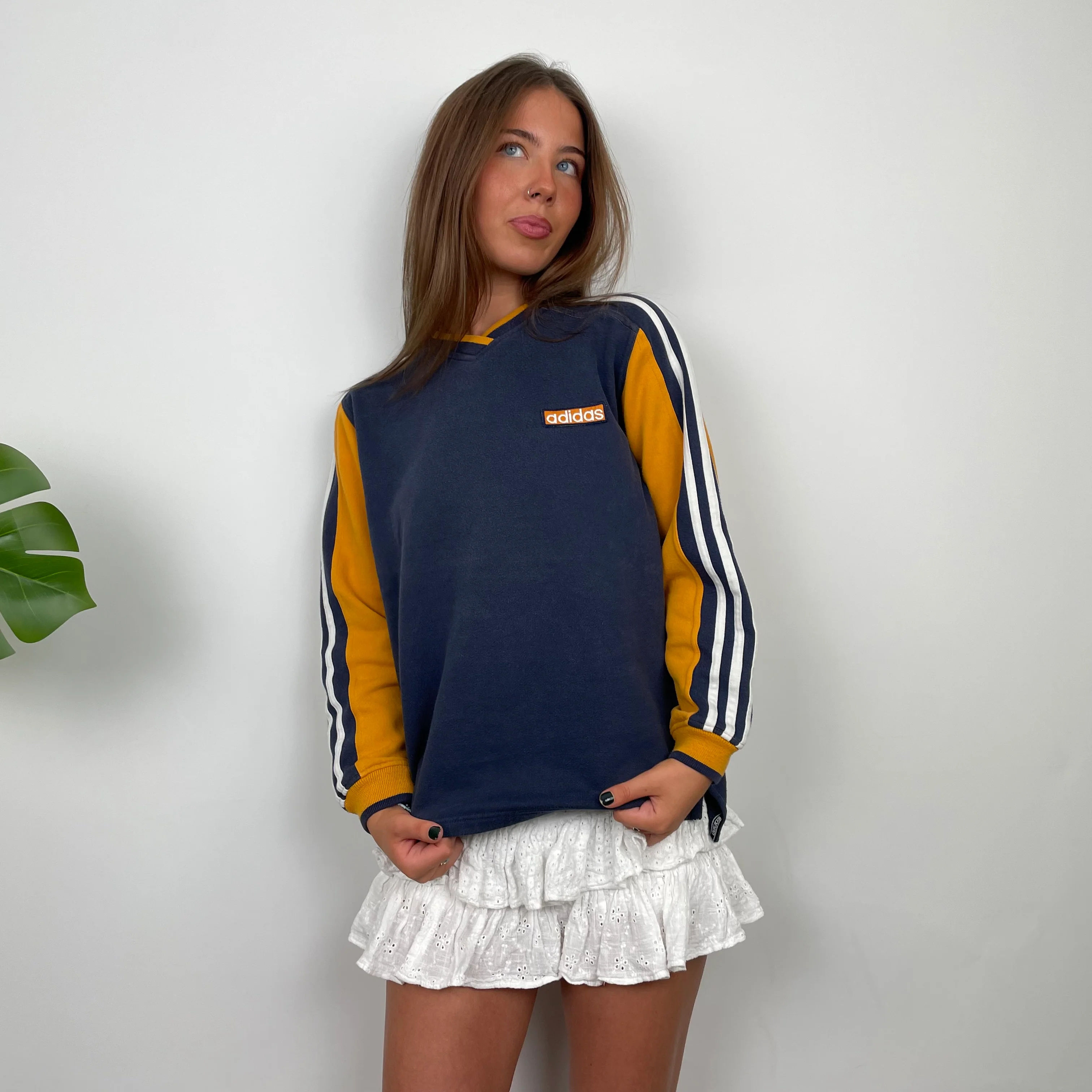 Adidas RARE Navy and Yellow Embroidered Spell Out Sweatshirt (S) - Image 7