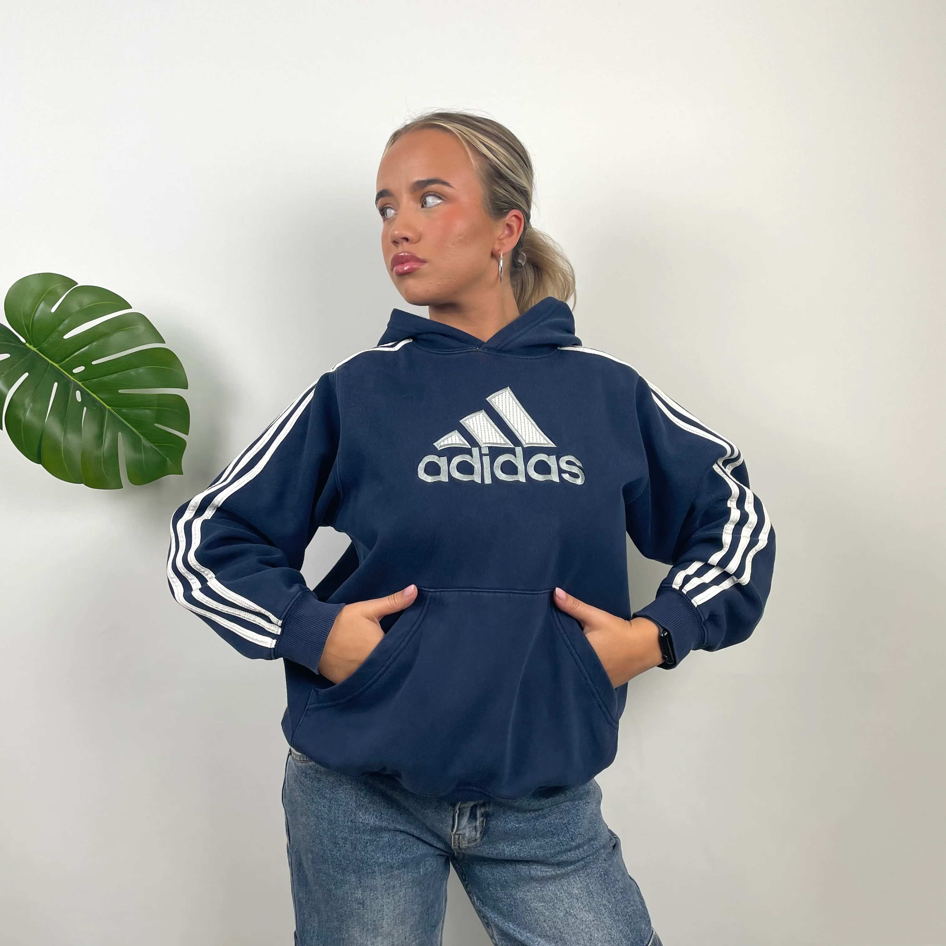 Adidas RARE Navy Embroidered Spell Out Hoodie (M)