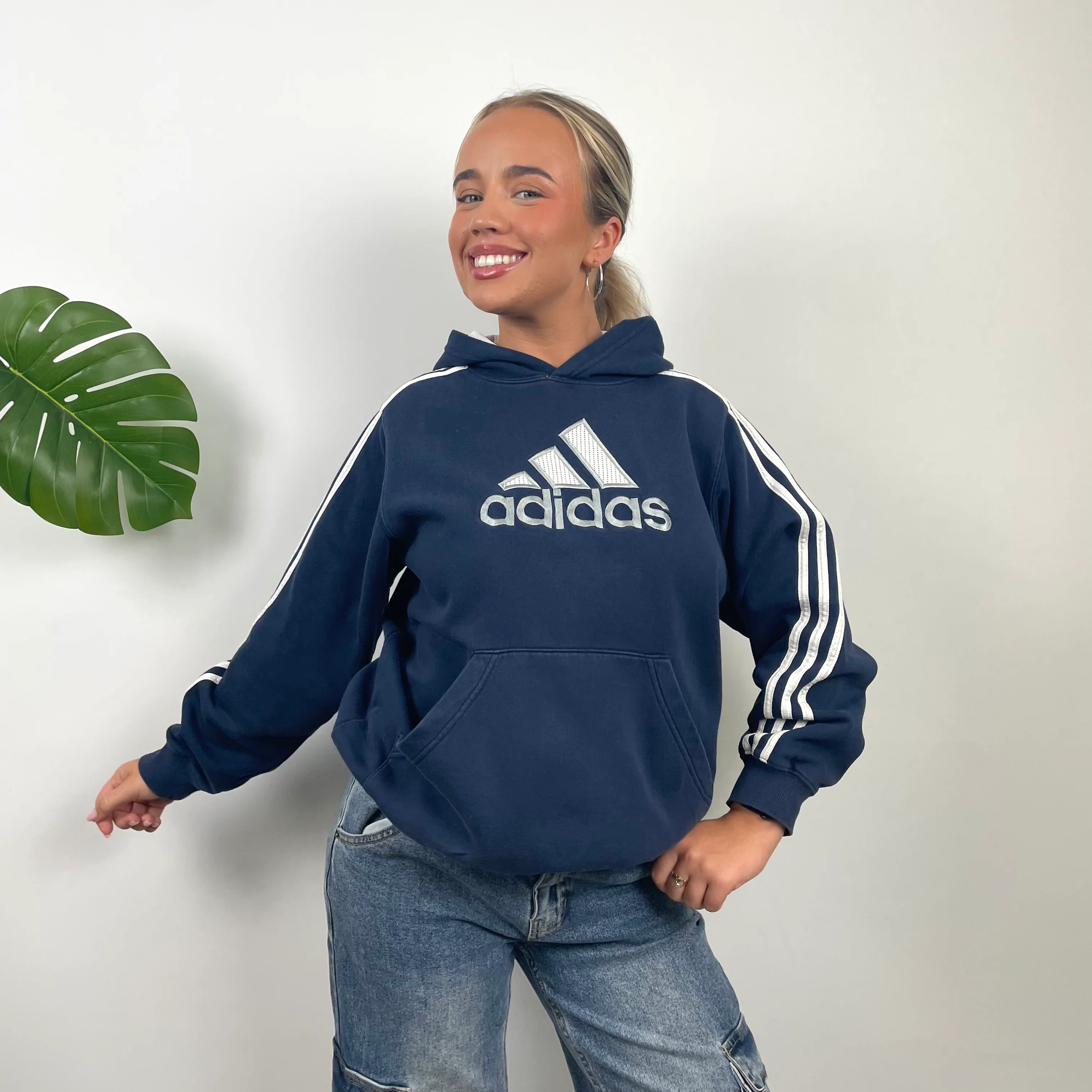 Adidas RARE Navy Embroidered Spell Out Hoodie (M) - Image 2