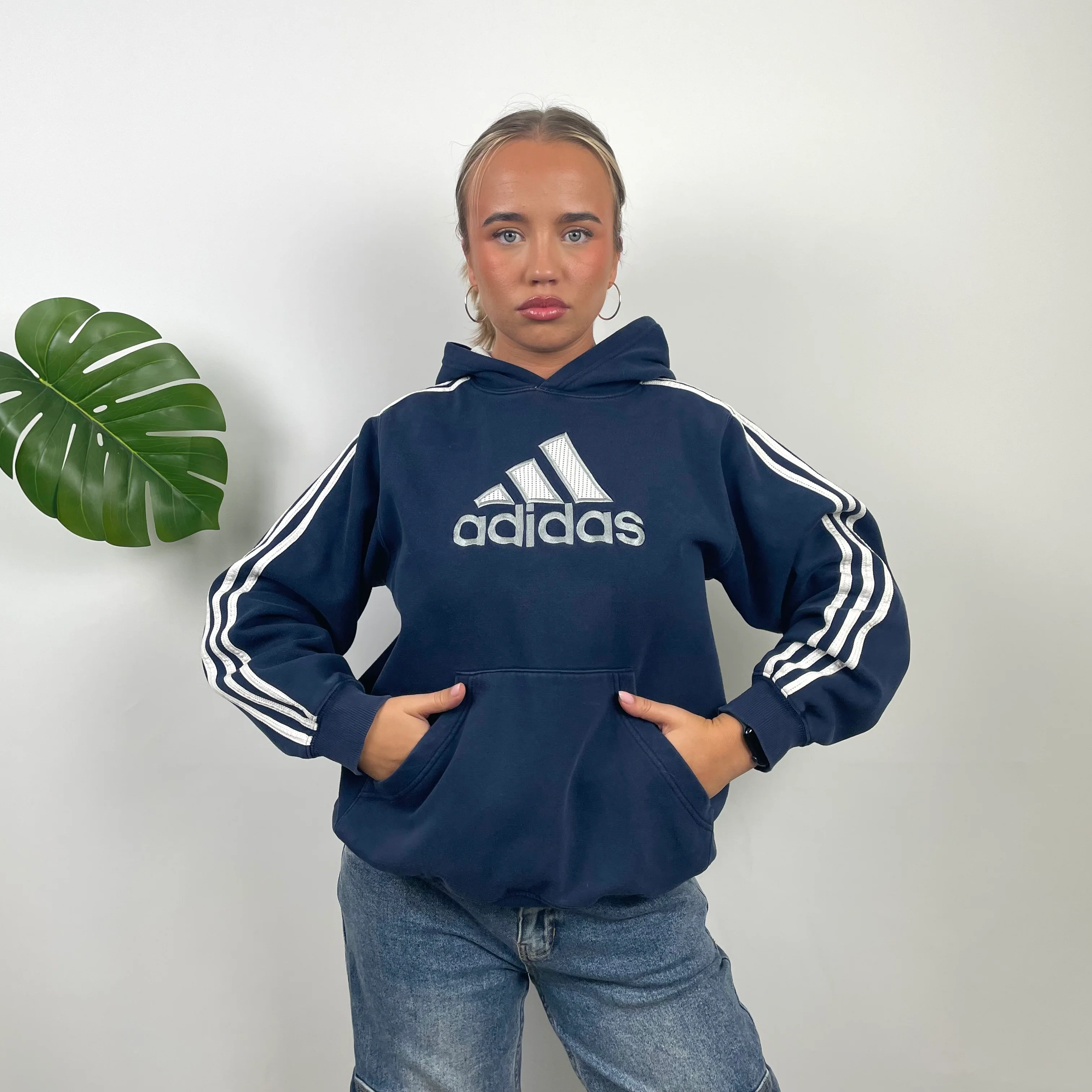 Adidas RARE Navy Embroidered Spell Out Hoodie (M) - Image 3