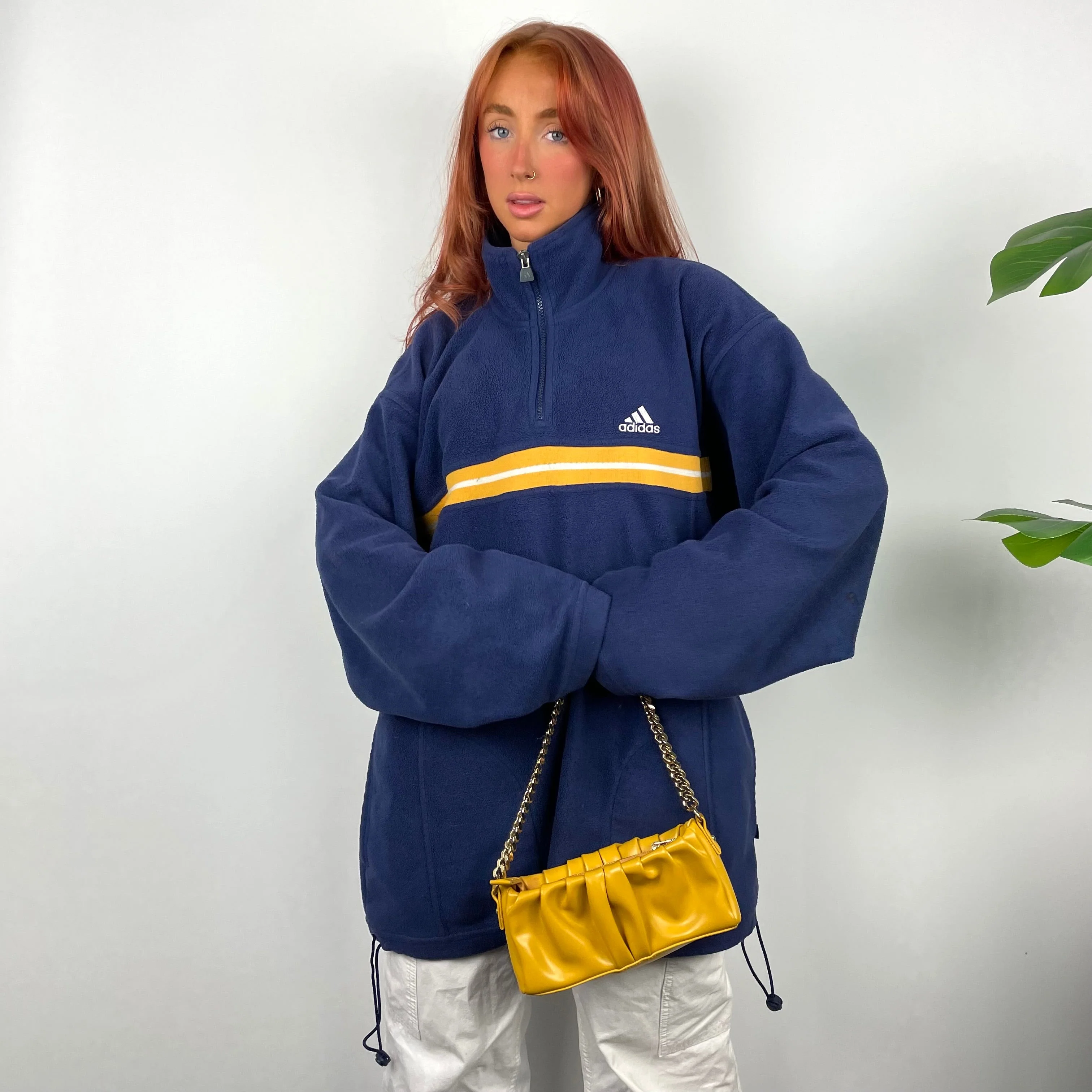Adidas RARE Navy Embroidered Spell Out Teddy Bear Fleece Quarter Zip Sweatshirt (XXL) - Image 2