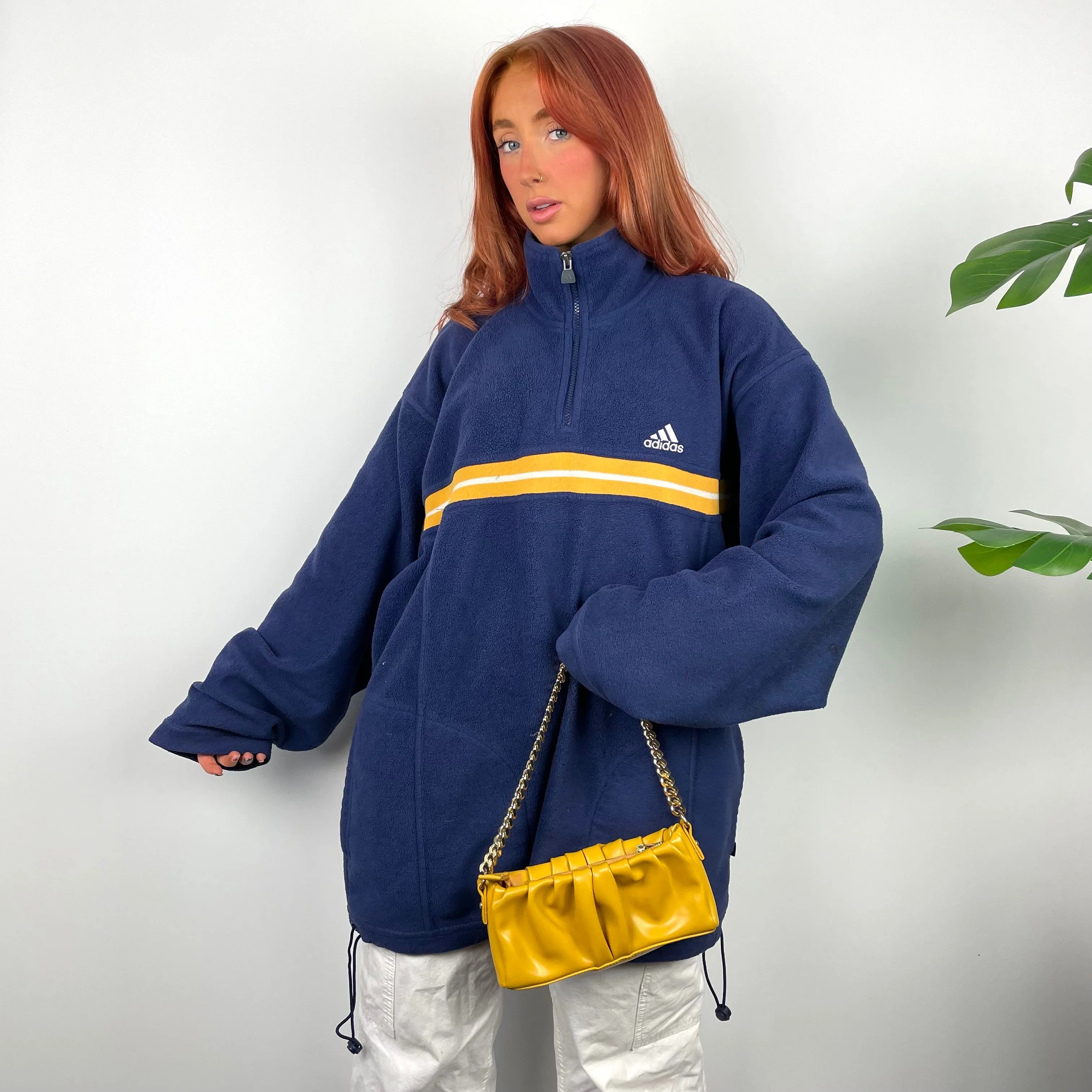 Adidas RARE Navy Embroidered Spell Out Teddy Bear Fleece Quarter Zip Sweatshirt (XXL) - Image 3