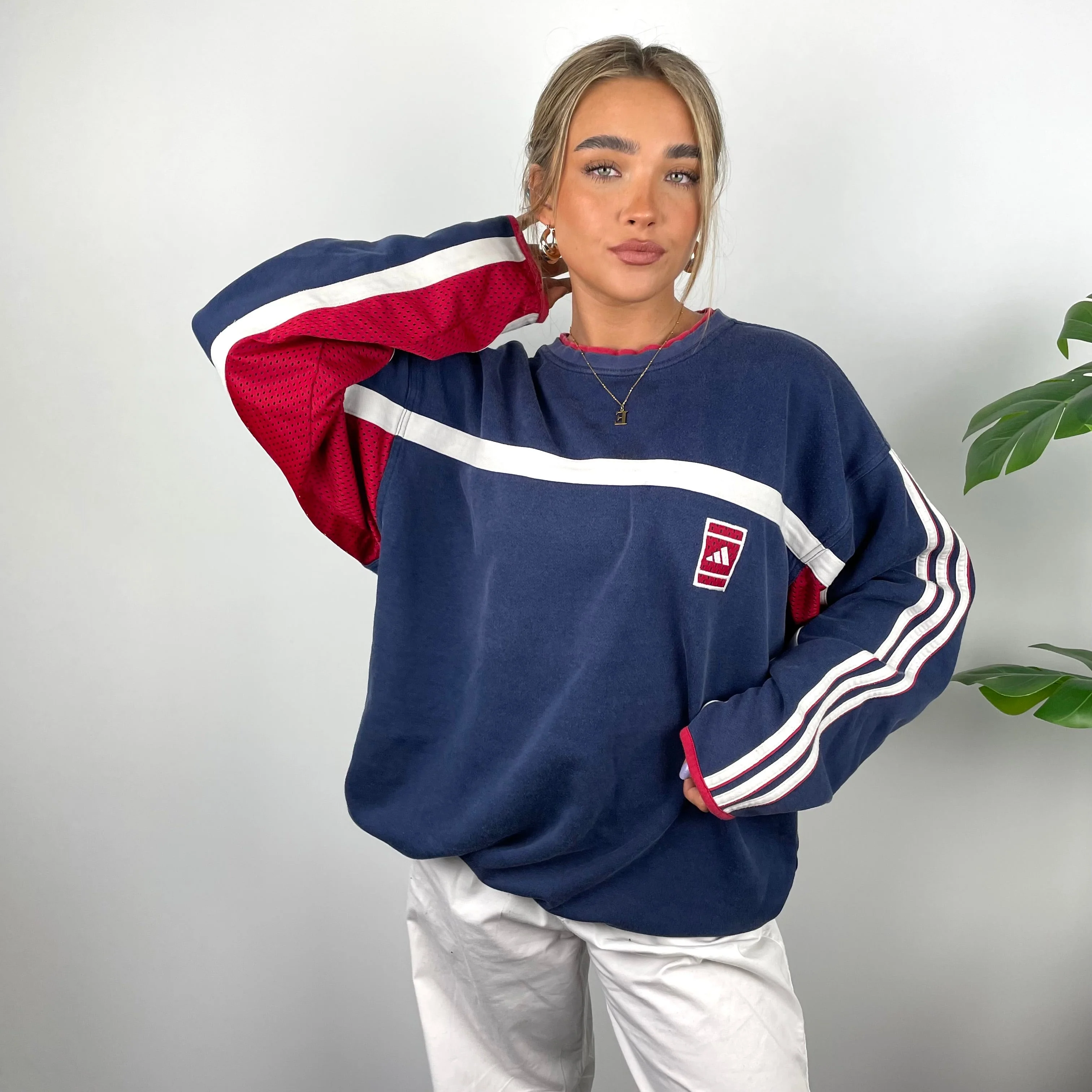 Adidas RARE Red and Navy Embroidered Spell Out Sweatshirt (L) - Image 2