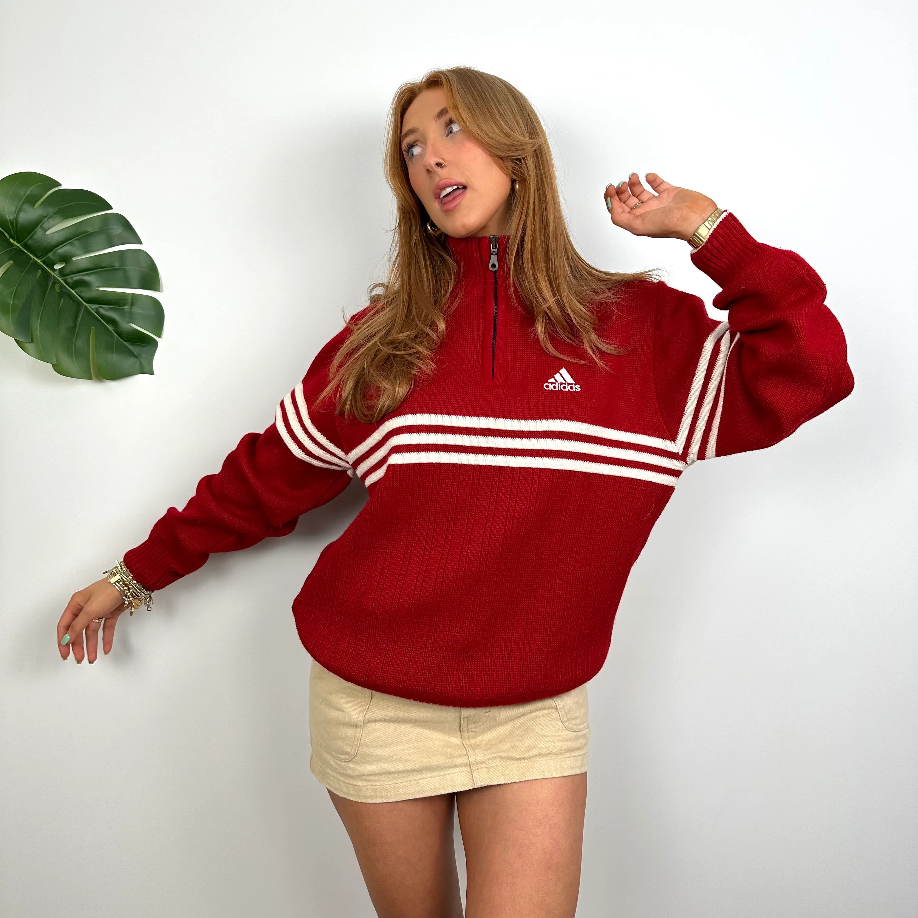 Adidas RARE Red Embroidered Logo Quarter Zip Knitted Sweater (S) - Image 6