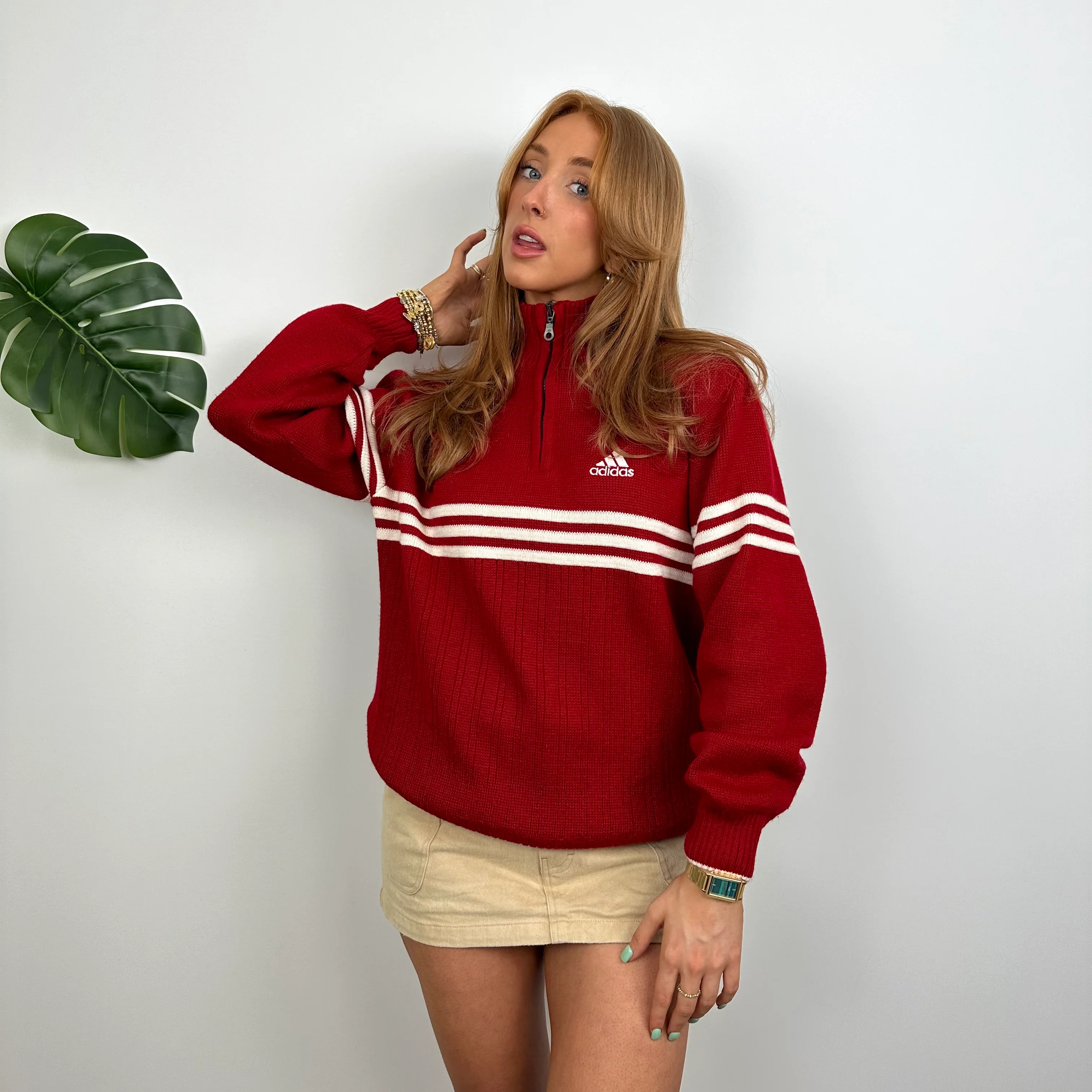 Adidas RARE Red Embroidered Logo Quarter Zip Knitted Sweater (S) - Image 7