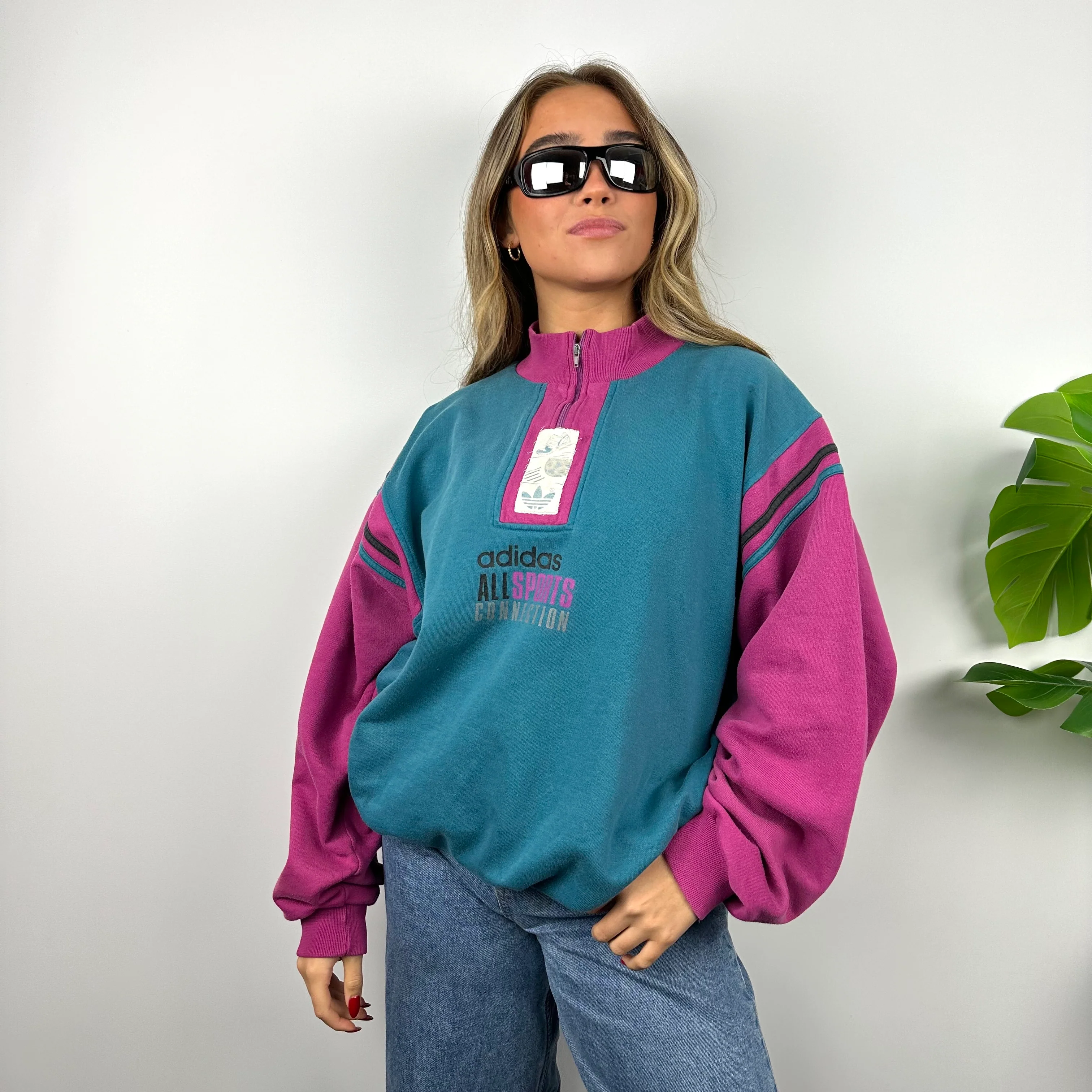Adidas RARE Turquoise Blue & Pink Spell Out Sweatshirt (L) - Image 2