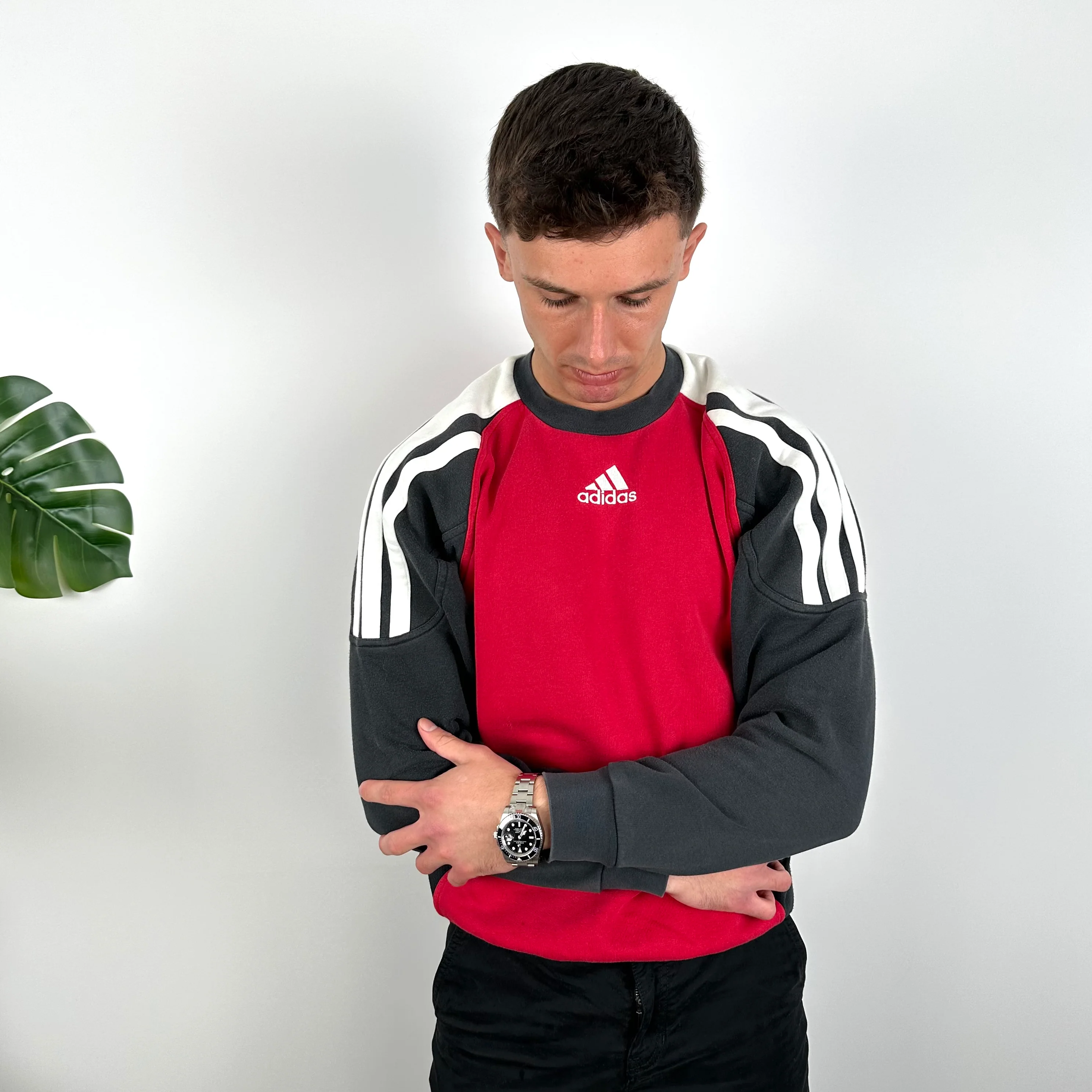 Adidas Red & Black Embroidered Spell Out Colour Block Sweatshirt (L) - Image 2