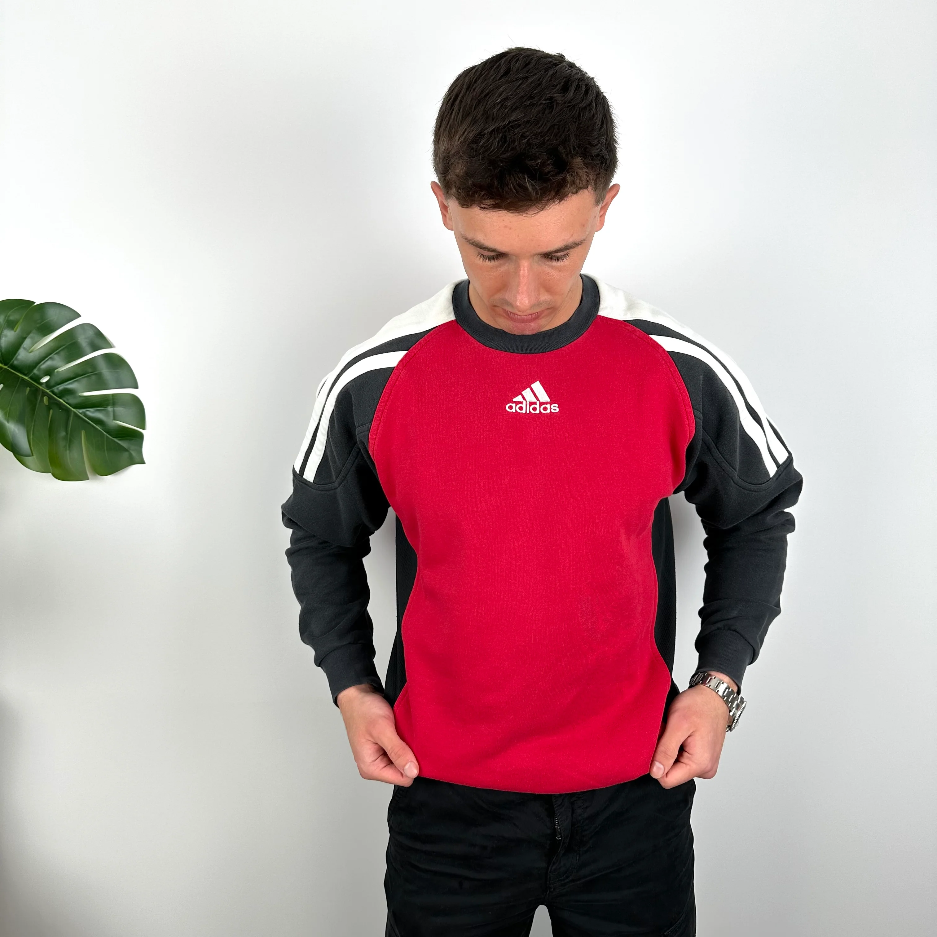 Adidas Red & Black Embroidered Spell Out Colour Block Sweatshirt (L) - Image 3