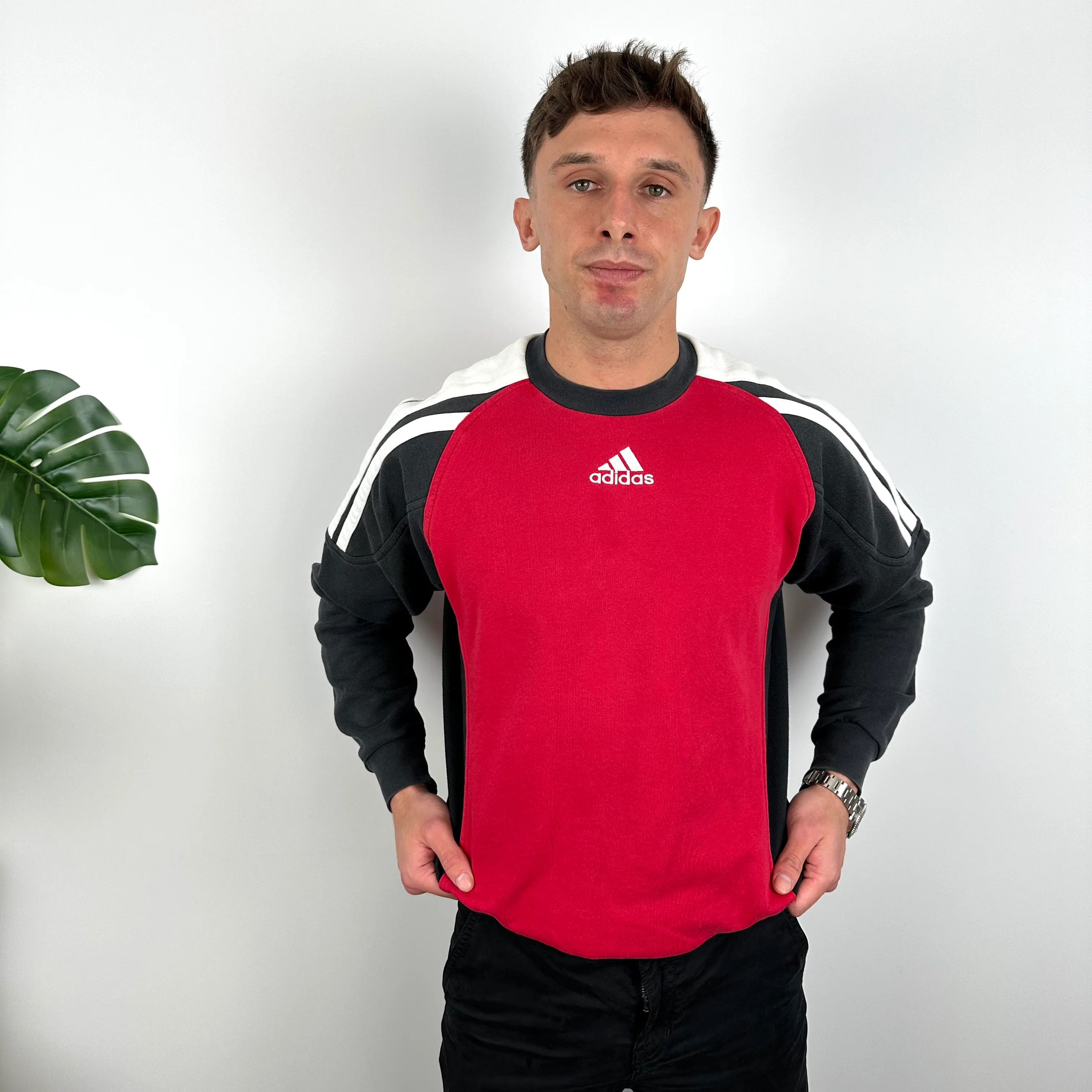 Adidas Red & Black Embroidered Spell Out Colour Block Sweatshirt (L) - Image 7
