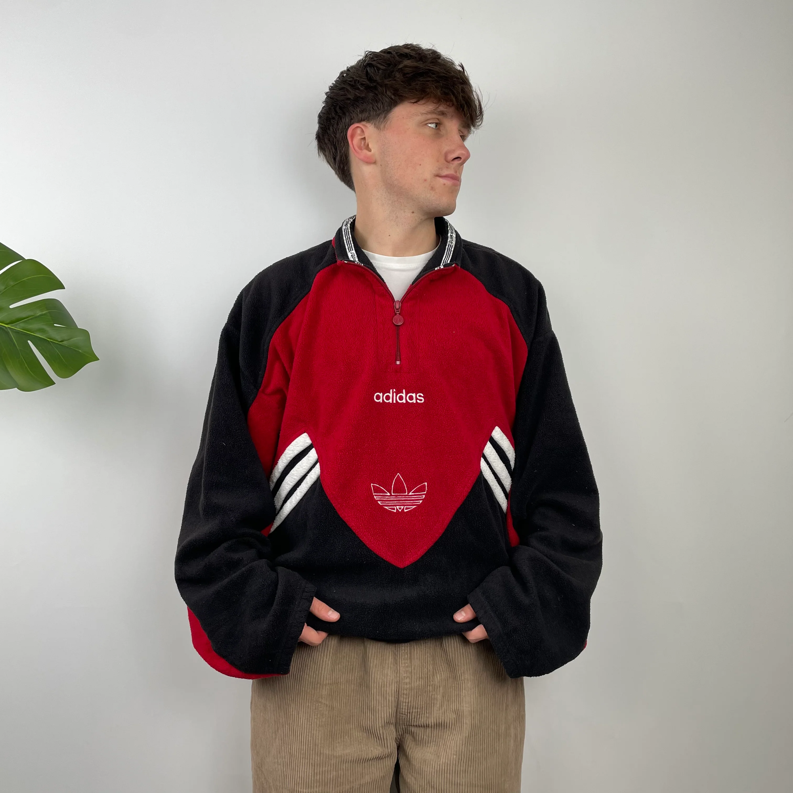 Adidas Red Colour Block Embroidered Spell Out Teddy Bear Fleece Quarter Zip Sweatshirt (L) - Image 3