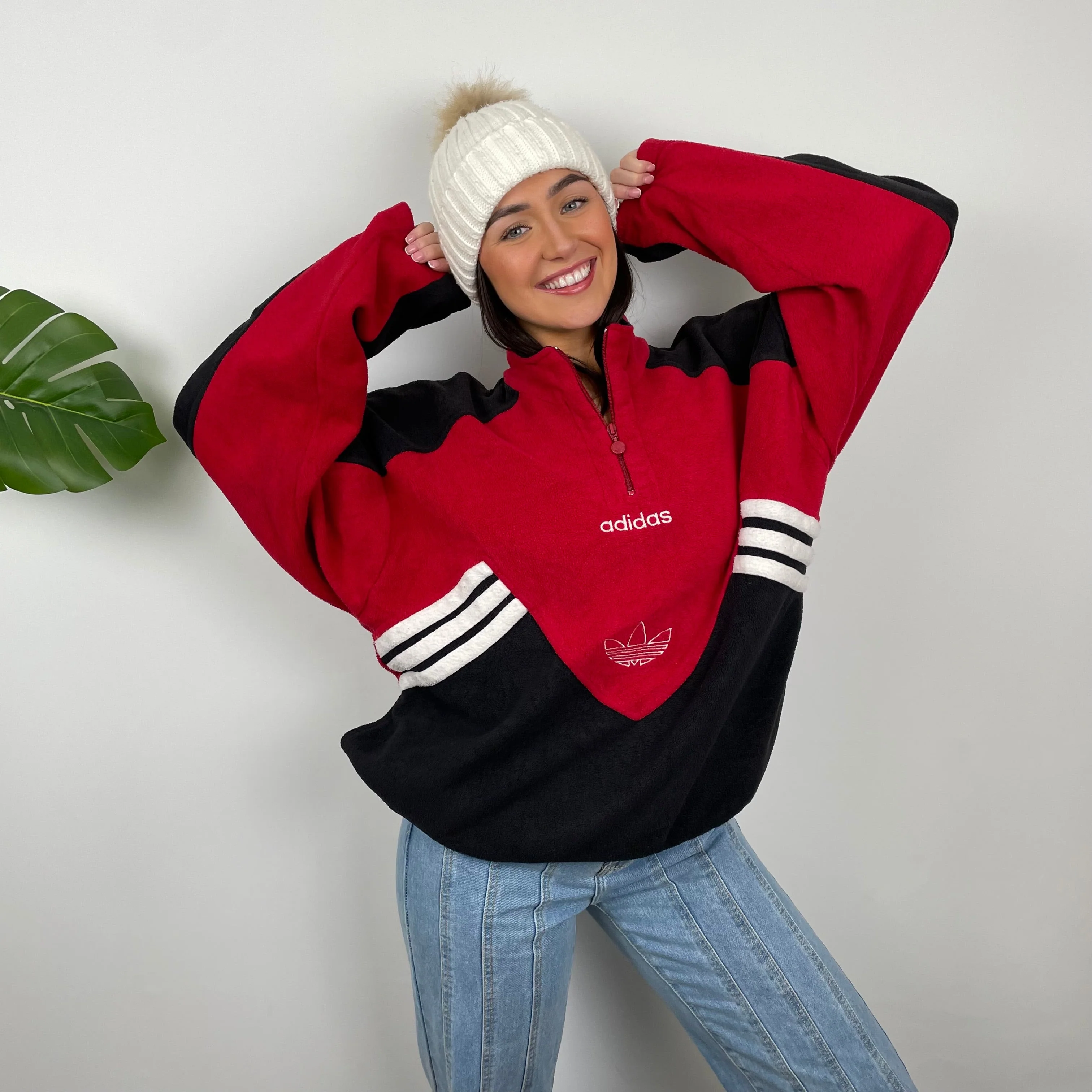 Adidas Red Colour Block Embroidered Spell Out Teddy Bear Fleece Quarter Zip Sweatshirt (L)