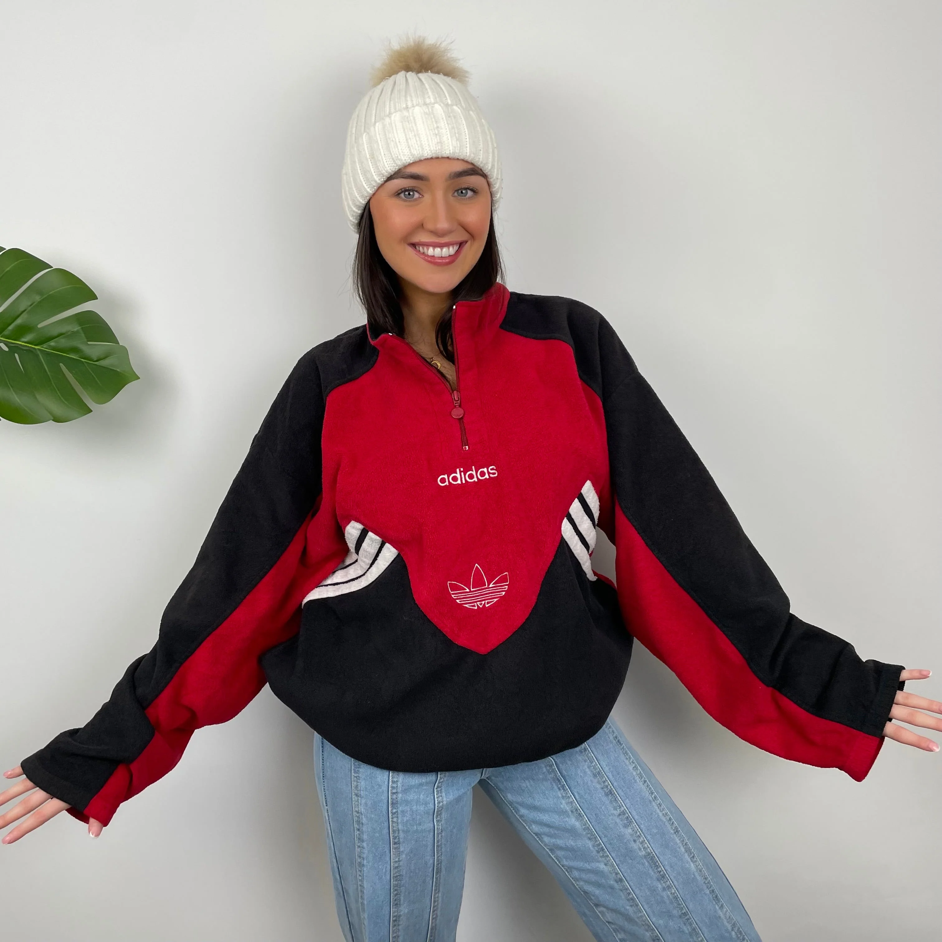 Adidas Red Colour Block Embroidered Spell Out Teddy Bear Fleece Quarter Zip Sweatshirt (L) - Image 2