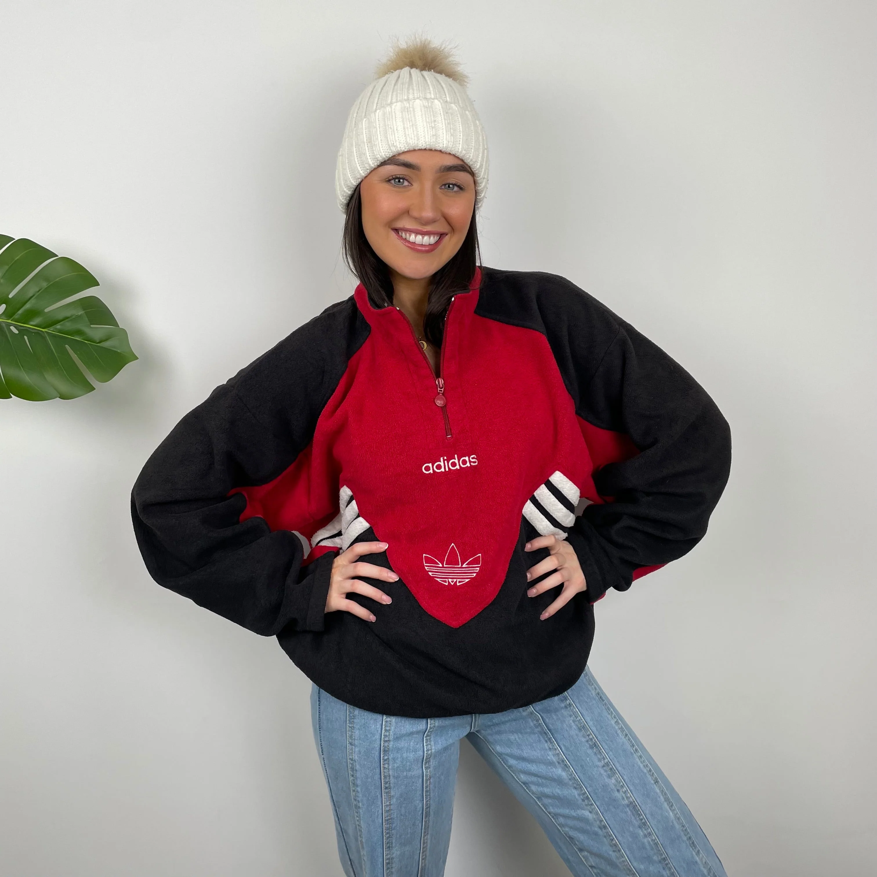 Adidas Red Colour Block Embroidered Spell Out Teddy Bear Fleece Quarter Zip Sweatshirt (L) - Image 5