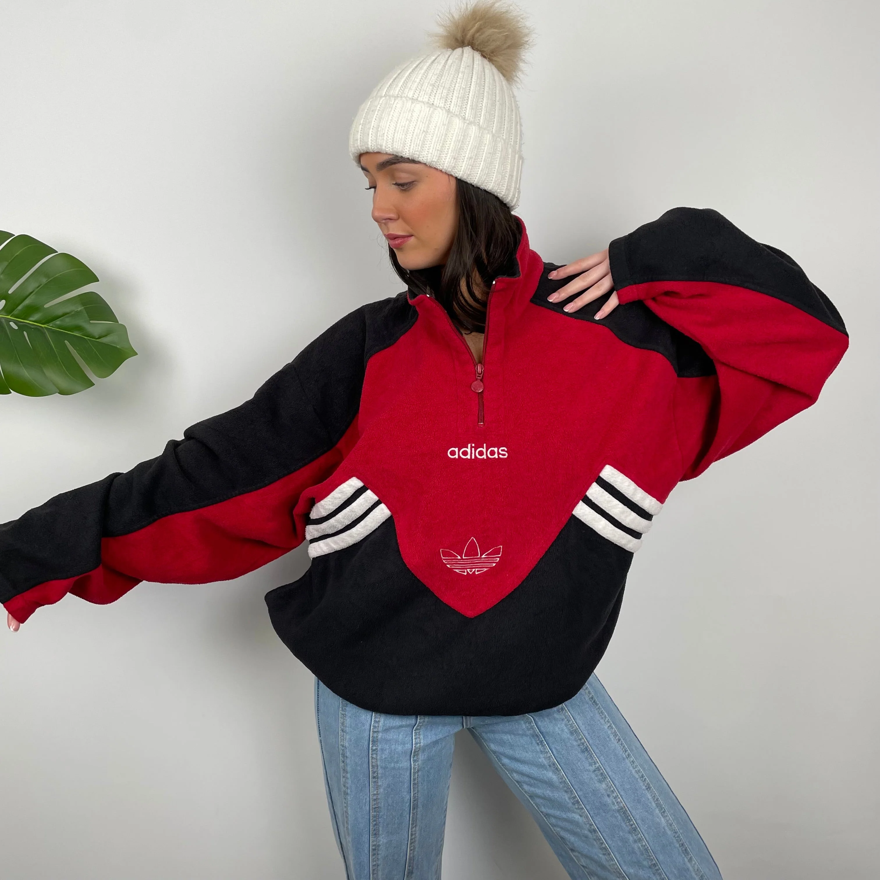 Adidas Red Colour Block Embroidered Spell Out Teddy Bear Fleece Quarter Zip Sweatshirt (L) - Image 6