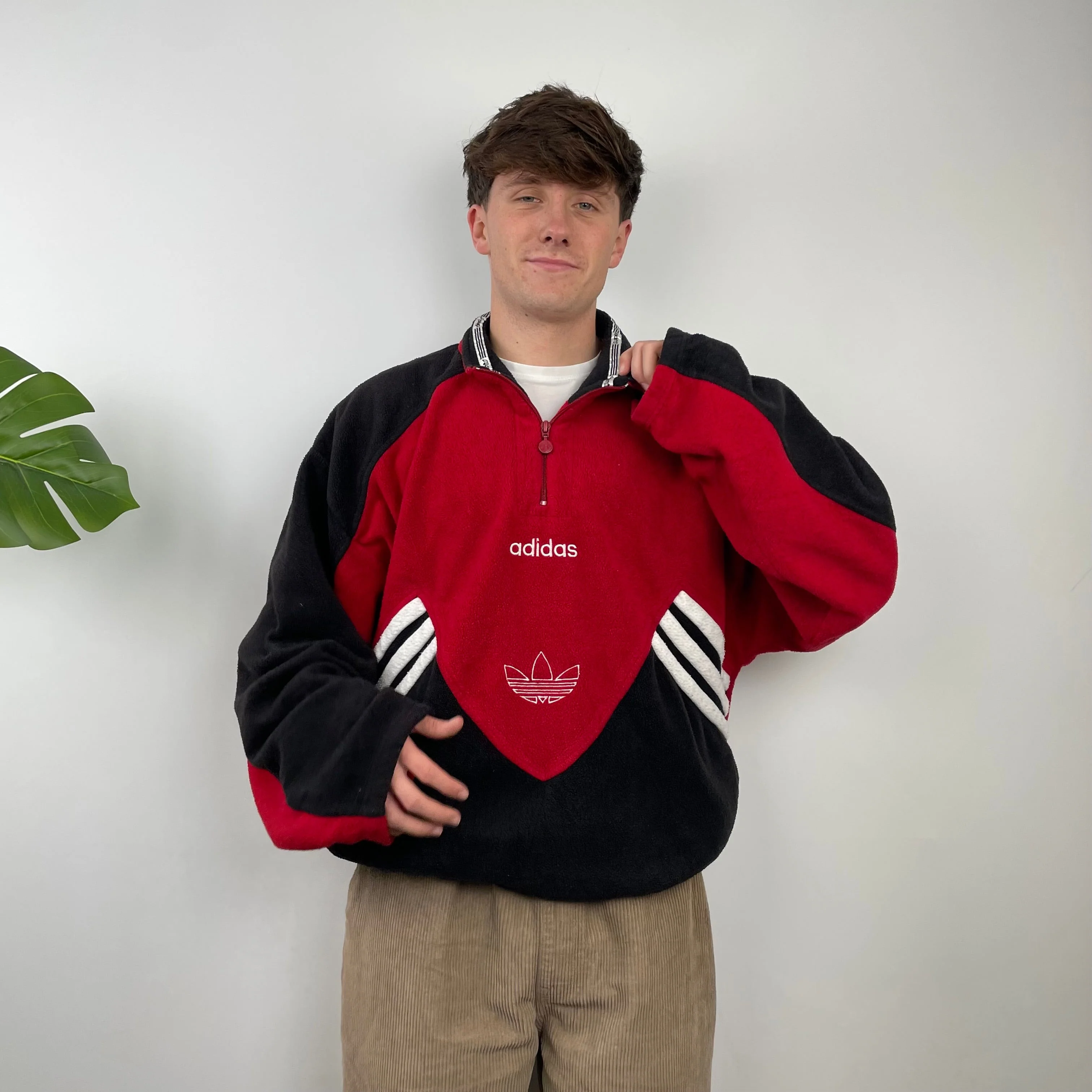Adidas Red Colour Block Embroidered Spell Out Teddy Bear Fleece Quarter Zip Sweatshirt (L) - Image 2